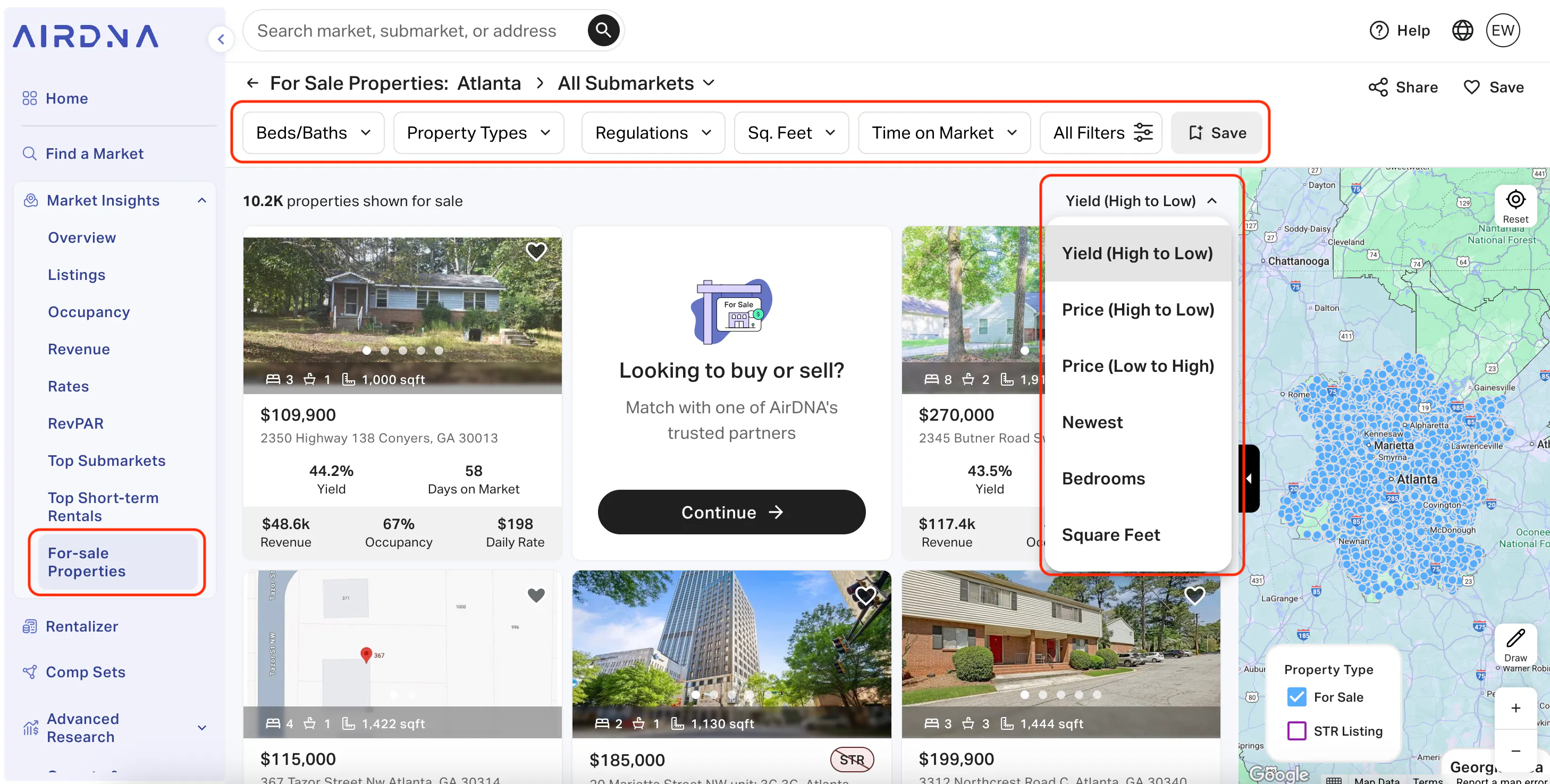 For-sale property filters in AirDNA