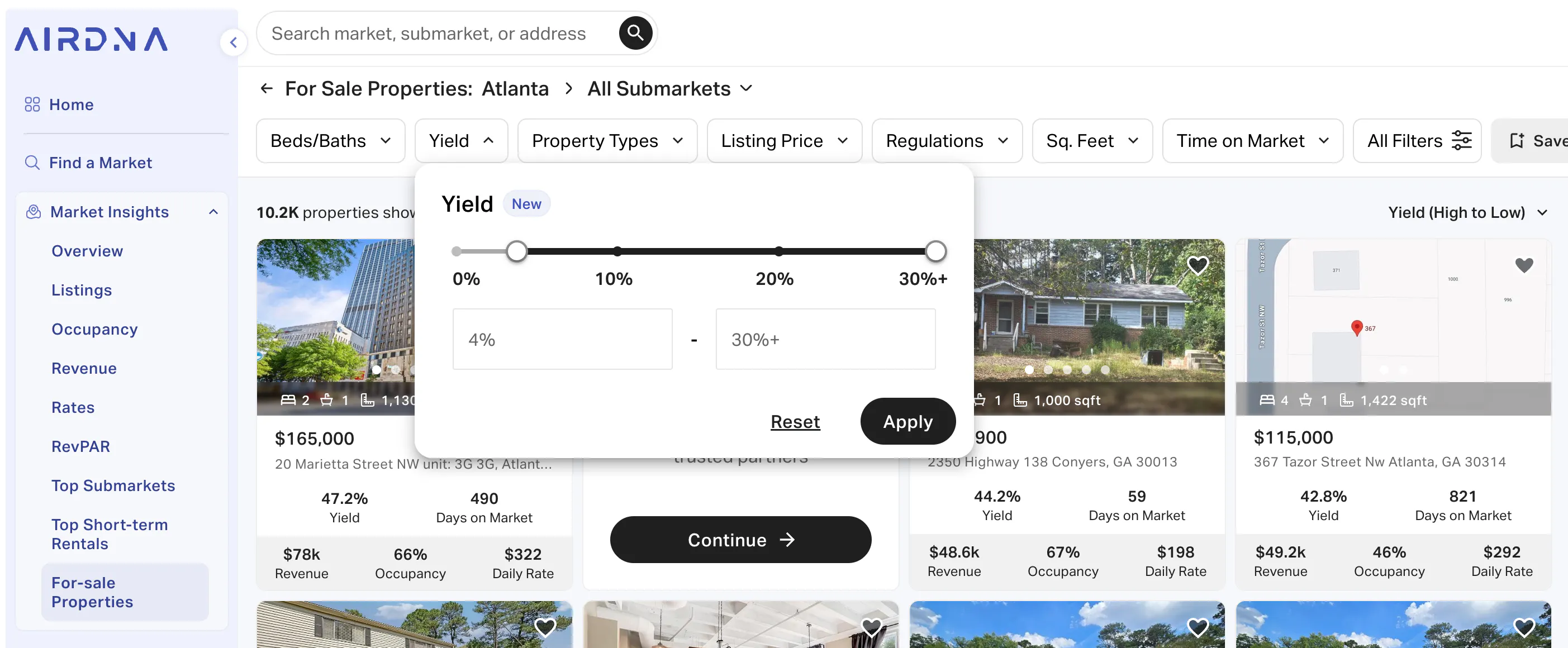 Yield range filter in the AirDNA app under for-sale properties