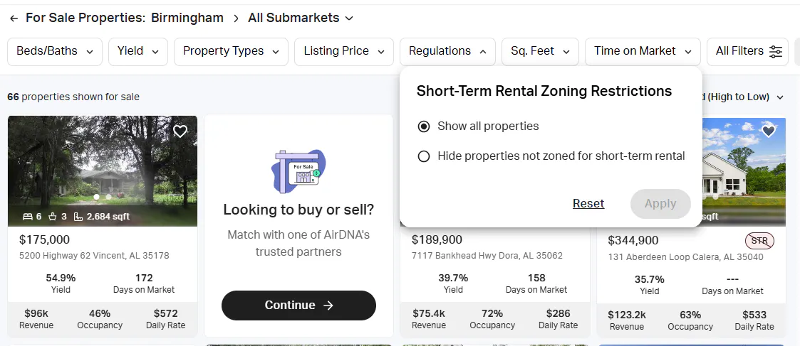 AirDNA dashboard showing zoning filter for for-sale properties