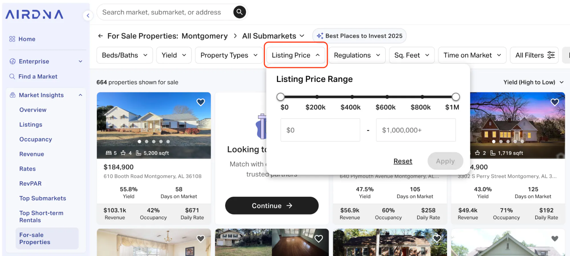 AirDNA "For-sale Properties" tool showing search filters for property listing prices in Montgomery, Alabama, including specific yield and occupancy data for available homes.