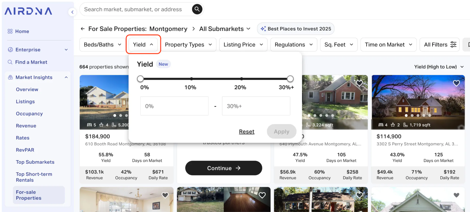 AirDNA "For-sale Properties" tool displaying a property search in Montgomery, Alabama, with a custom "Yield" filter slider being adjusted.