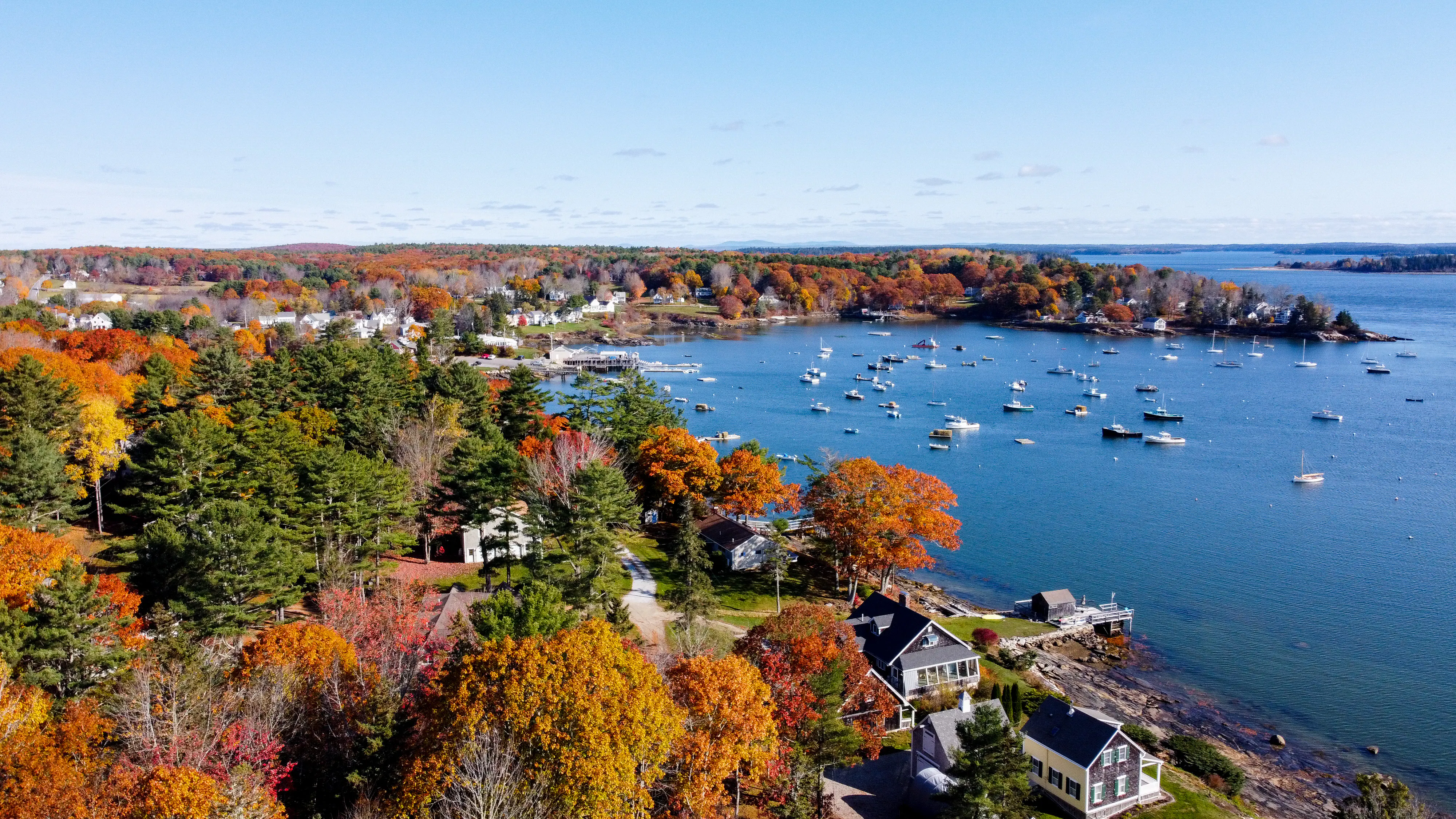 Aerial view of maine coastal harbor
