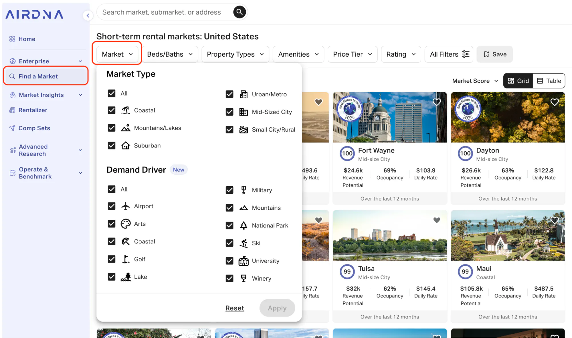 Demand driver filters in the AirDNA app