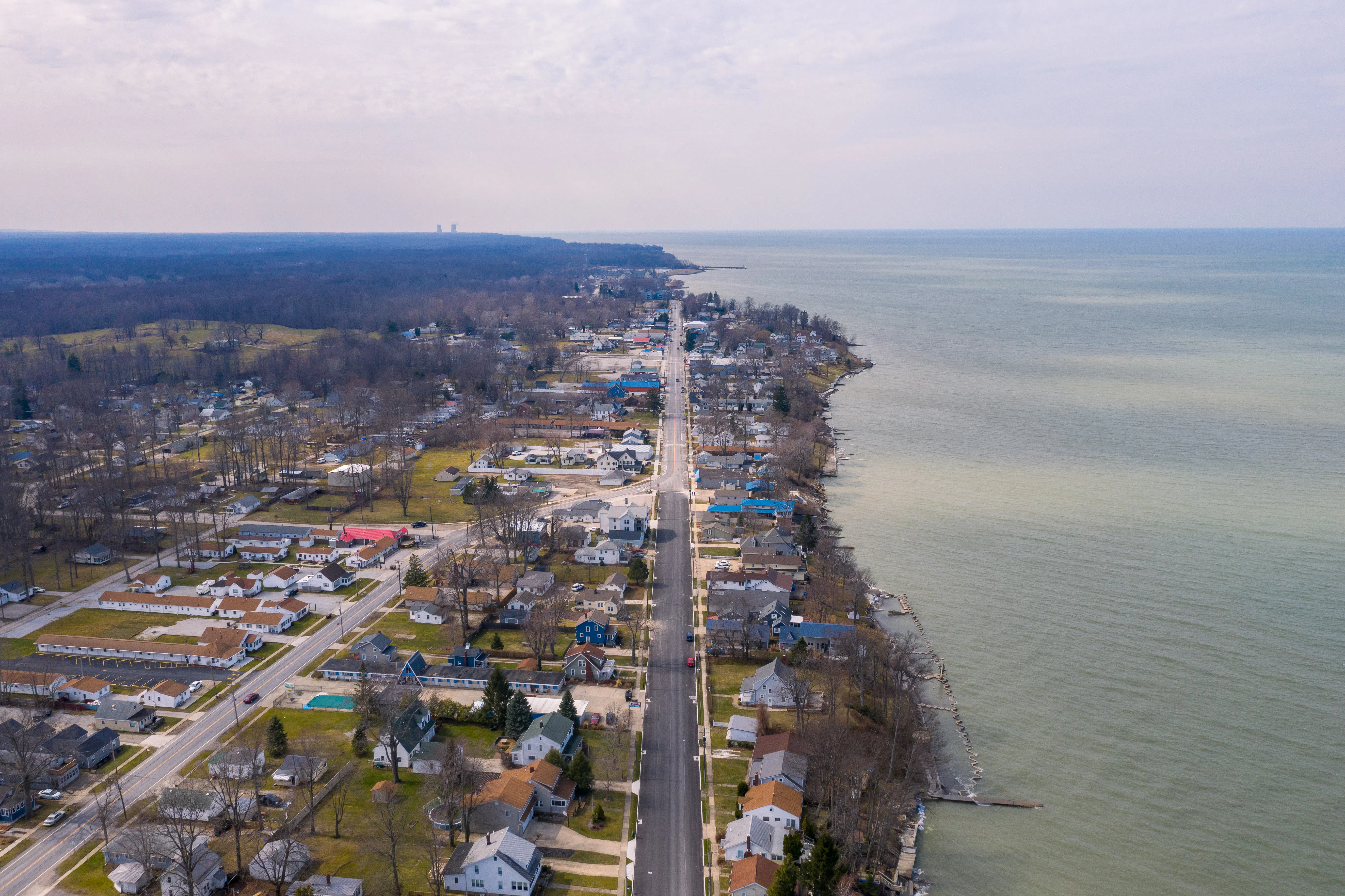 Aerial View Of Lake Erie Coastal Town, Geneva On The Lake Ohio.