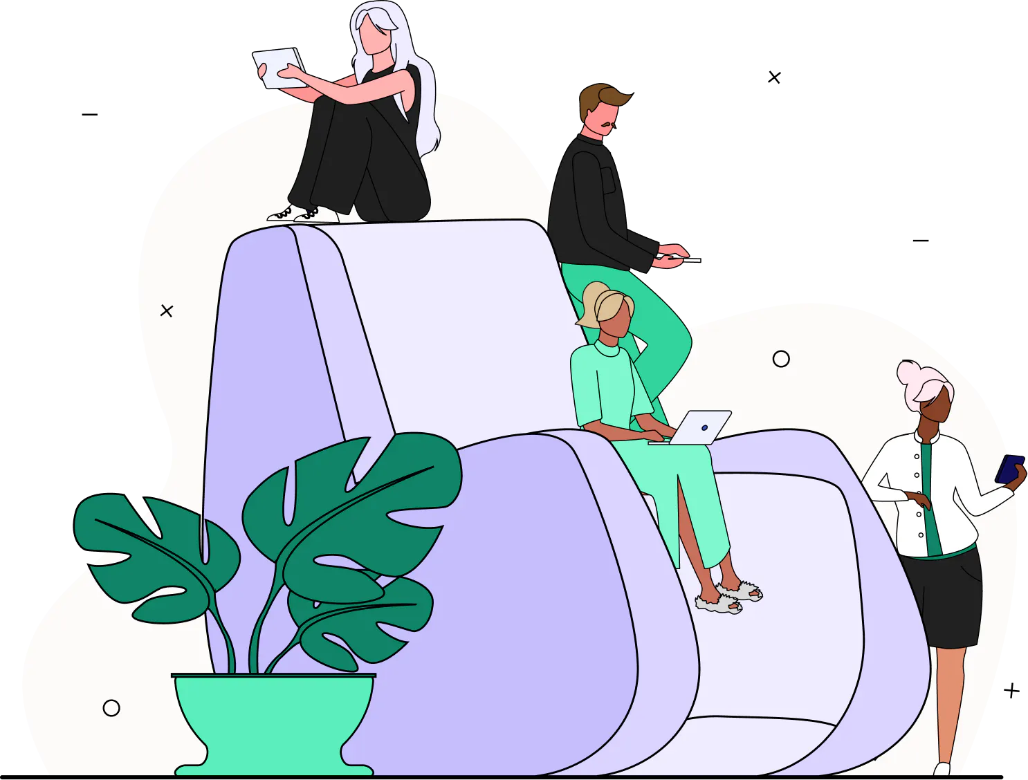 Researchers gathered on and around a larger than life armchair