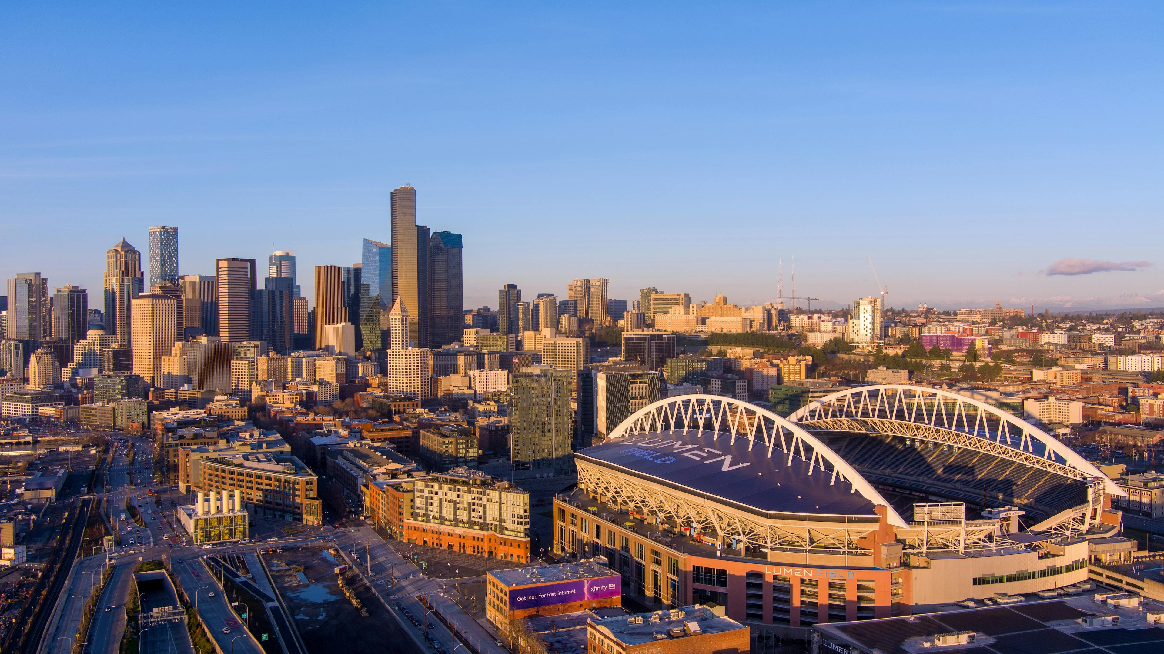Seattle skyline with Lumen field stadium