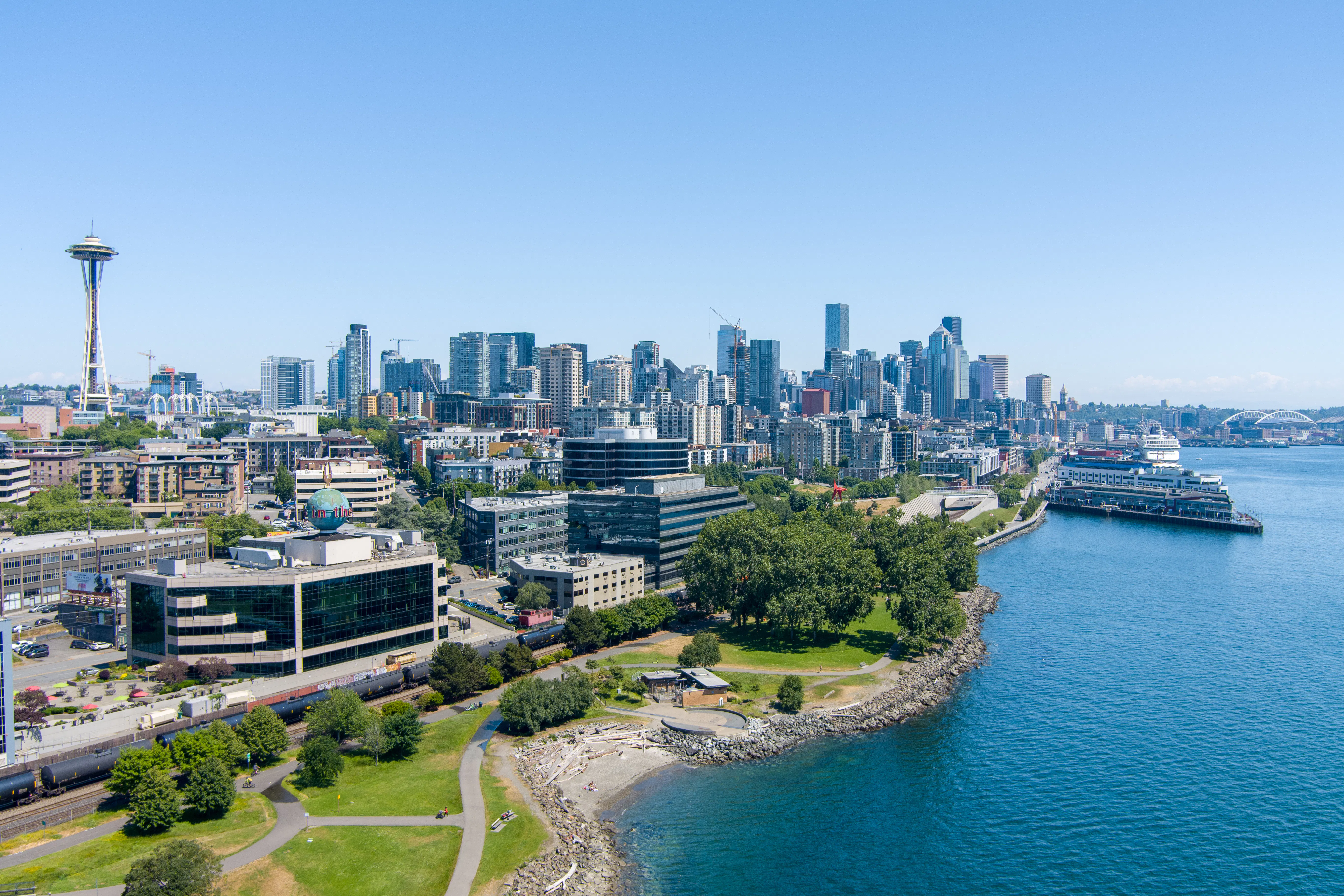 The Seattle, Washington waterfront skyline on a sunny day in June