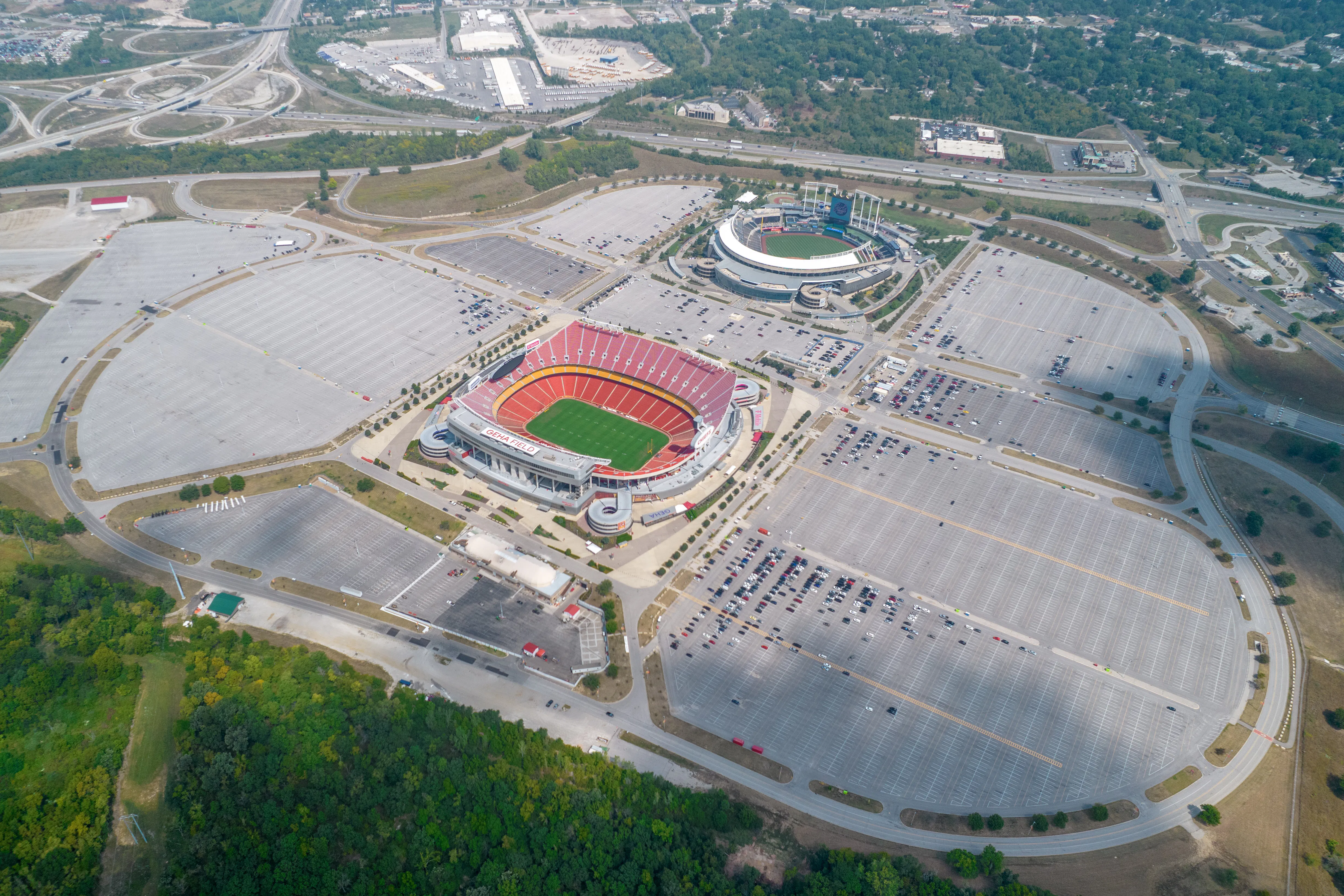 Aerial view of the GEHA Field at Arrowhead Stadium and Aramark-Kauffman Stadium.