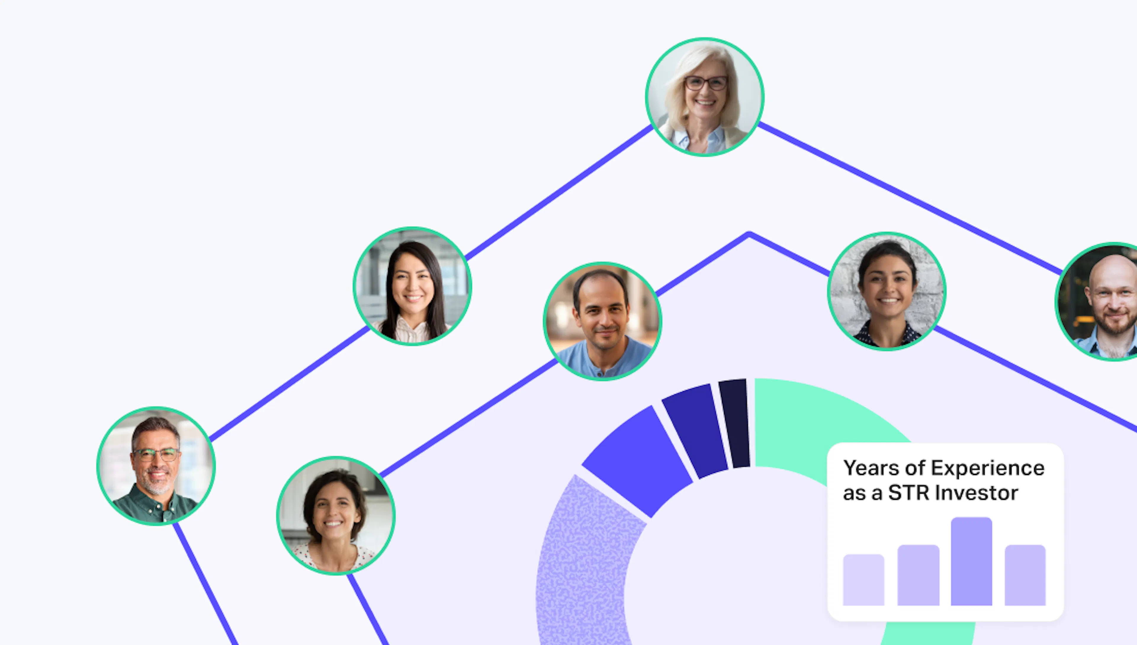 Face icons connected by lines with various chart templates in the background