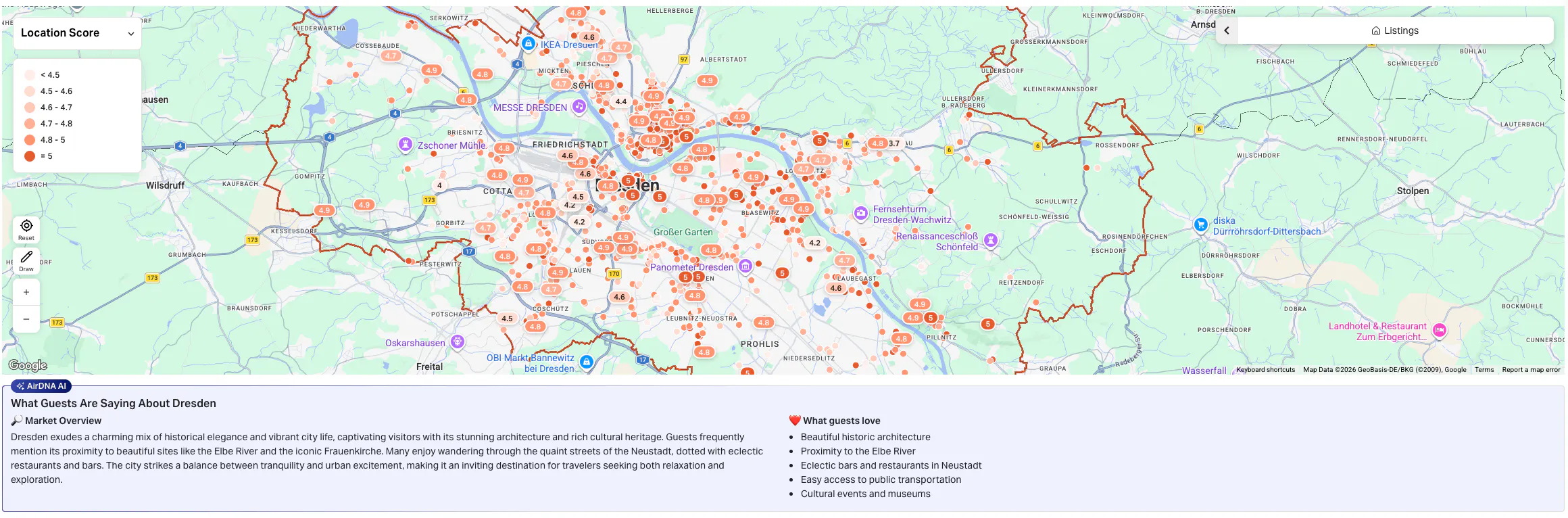Stadtplan von Dresden mit einer Heatmap der Standortbewertungen für Ferienunterkünfte und einer Zusammenfassung der Gästeerlebnisse.
