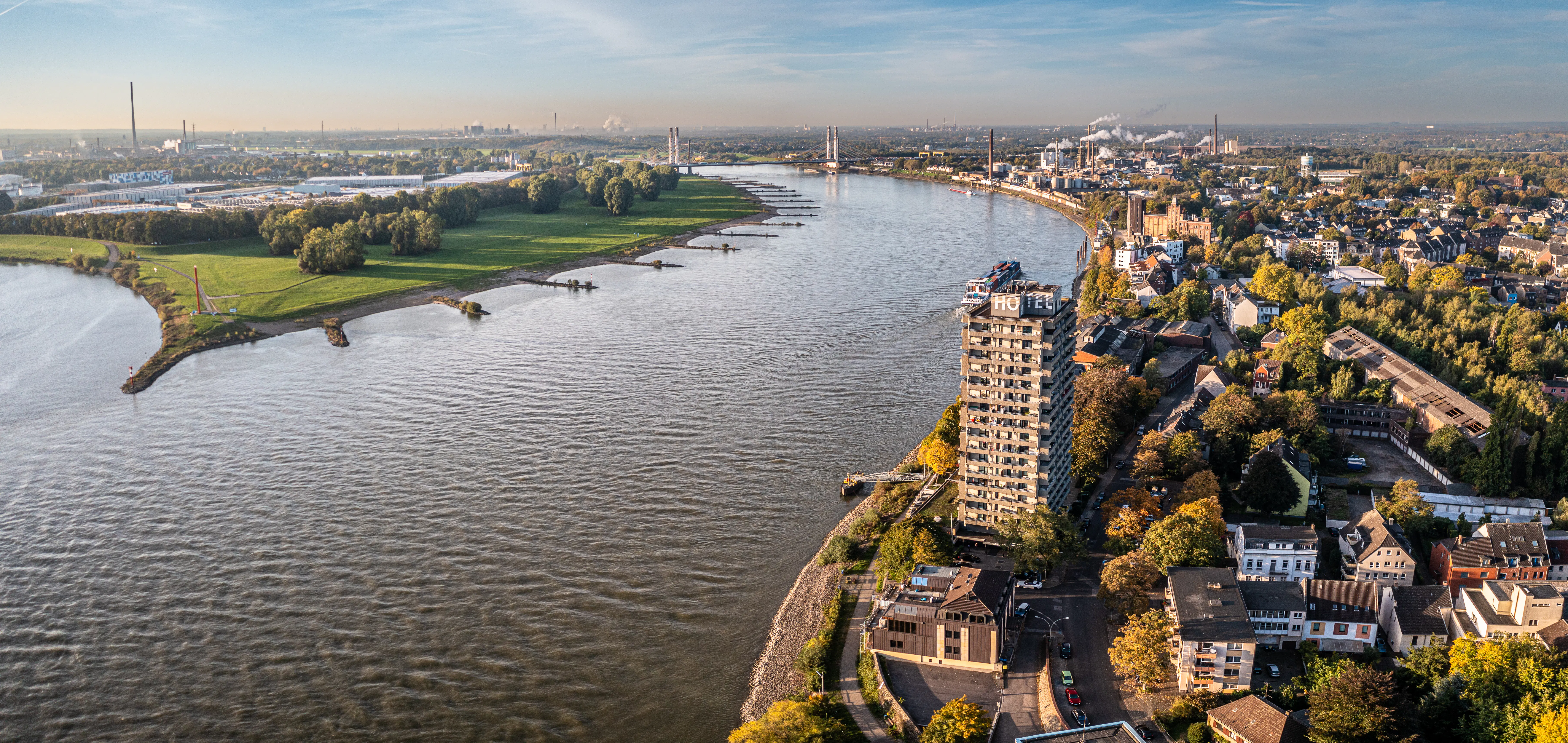 Duisburg Ruhr Area. Rhein River. Drone Aerial in autumn