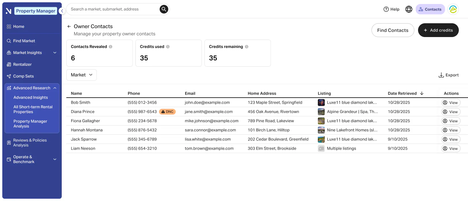 Owner contacts dashboard