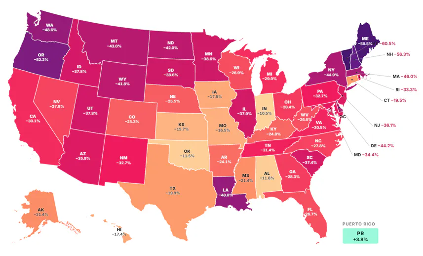 Mar 2026 Twelve-Trailing-Month (TTM) YoY of Canadians Demand Nights Change, by State