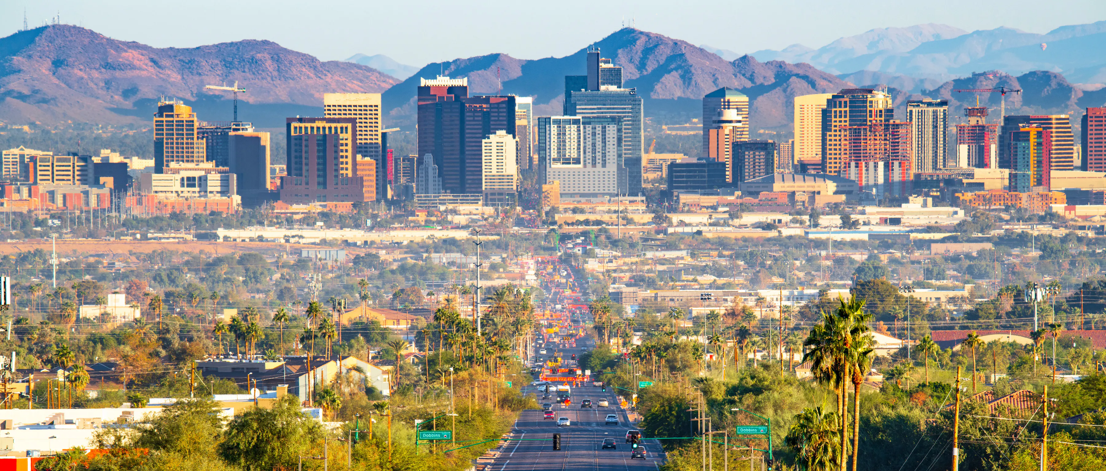 Shot of Phoenix skyline with mountains in distance