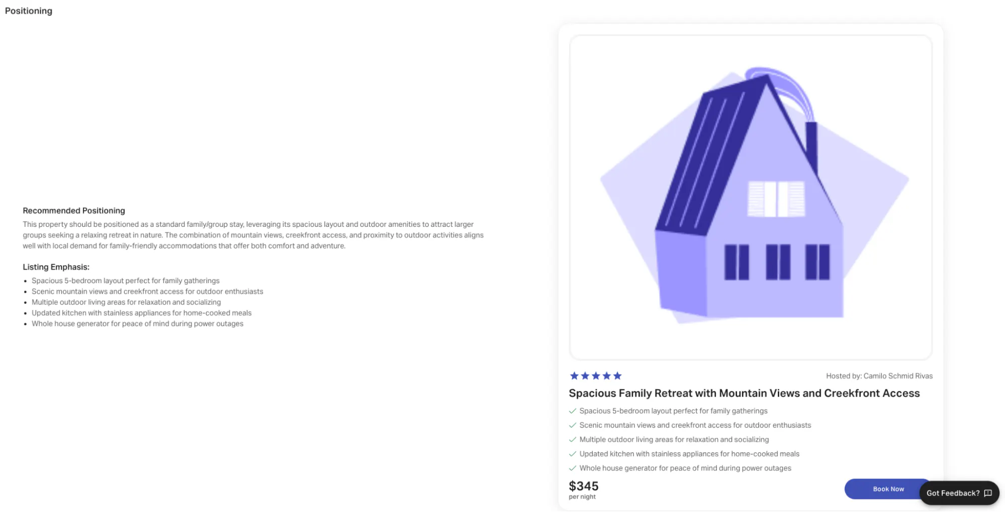 Rentalizer Agent recommended positioning and listing emphasis for the sample property as a family and group retreat
