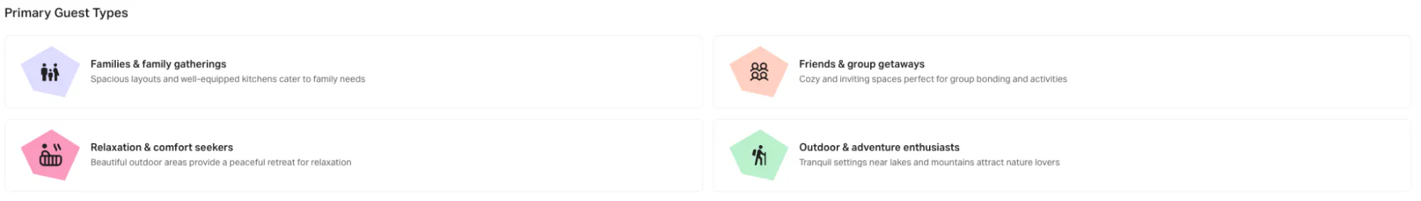 The four guest segments the Rentalizer Agent identifies for the sample property: families, friend groups, relaxation seekers and outdoor travelers