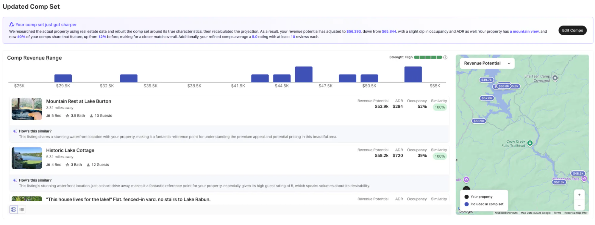 Rentalizer Agent comparable set showing each property's similarity score, with the closest matches at 100%