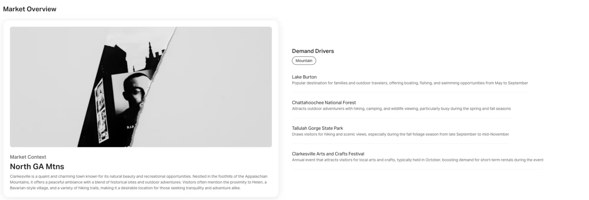 Market demand drivers for the sample property's area, including Lake Burton, the Chattahoochee National Forest and Tallulah Gorge State Park, with the season each one serves