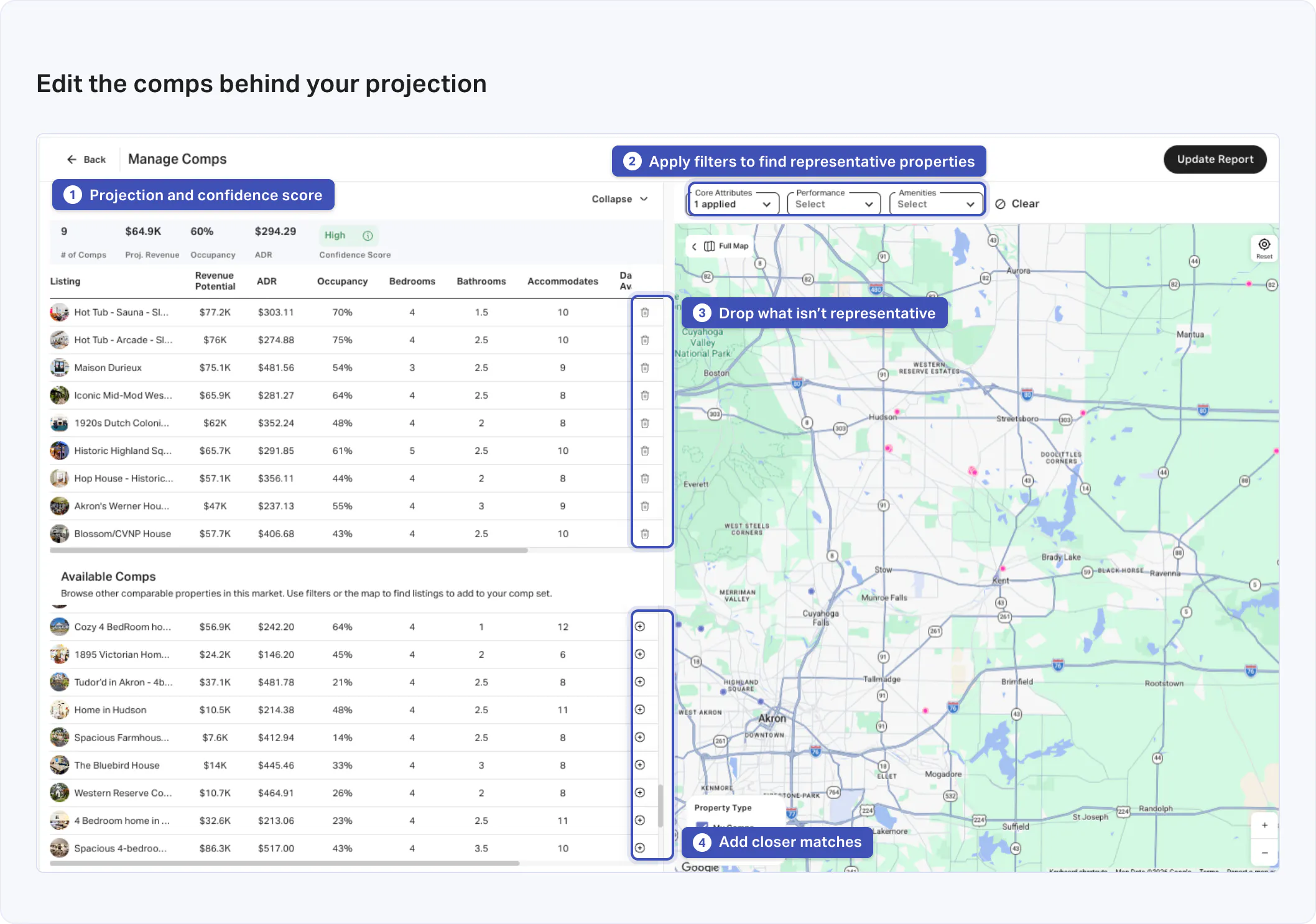 Rentalizer's manage comps view listing the comparable properties behind a revenue projection, with the option to remove any that are not representative.