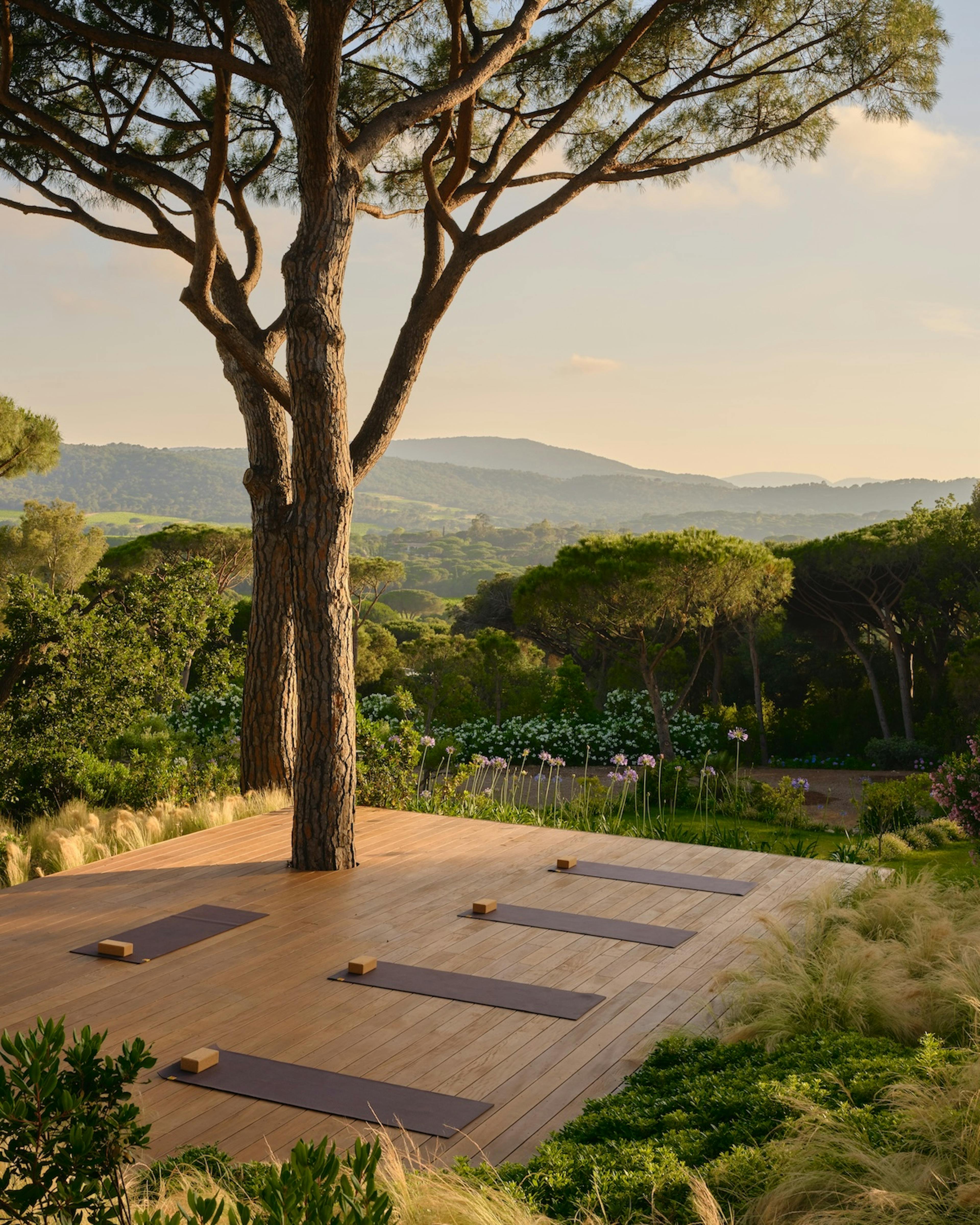 Plateforme de yoga, fitness extérieur dans le parc arboré du Château de La MEssardière, hôtel 5 étoiles à Saint-Tropez