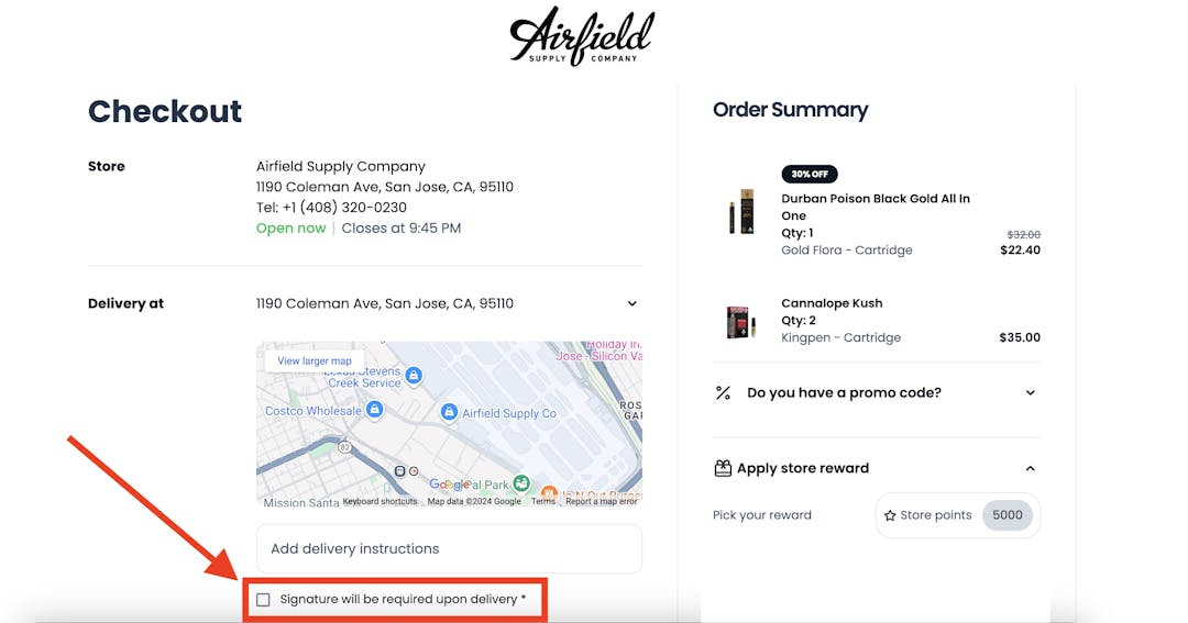 Click the "Signature will be required upon delivery" box when doing delivery orders to complete your order