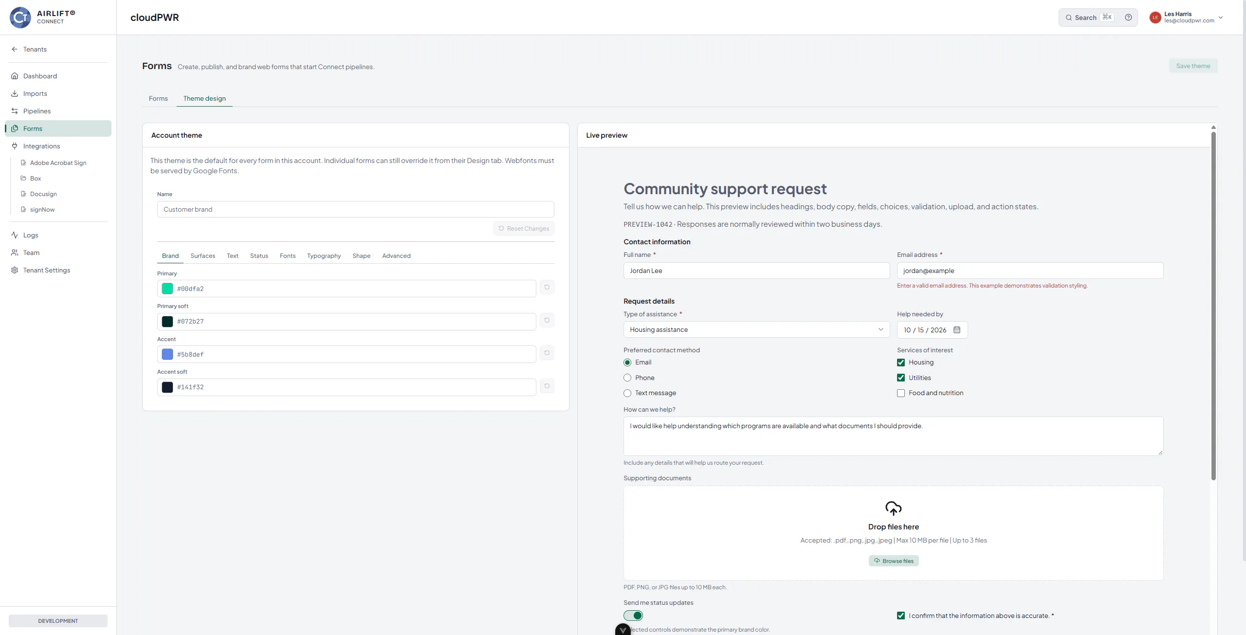 AIRLIFT Forms account theme controls with a live preview of a branded community support request form.