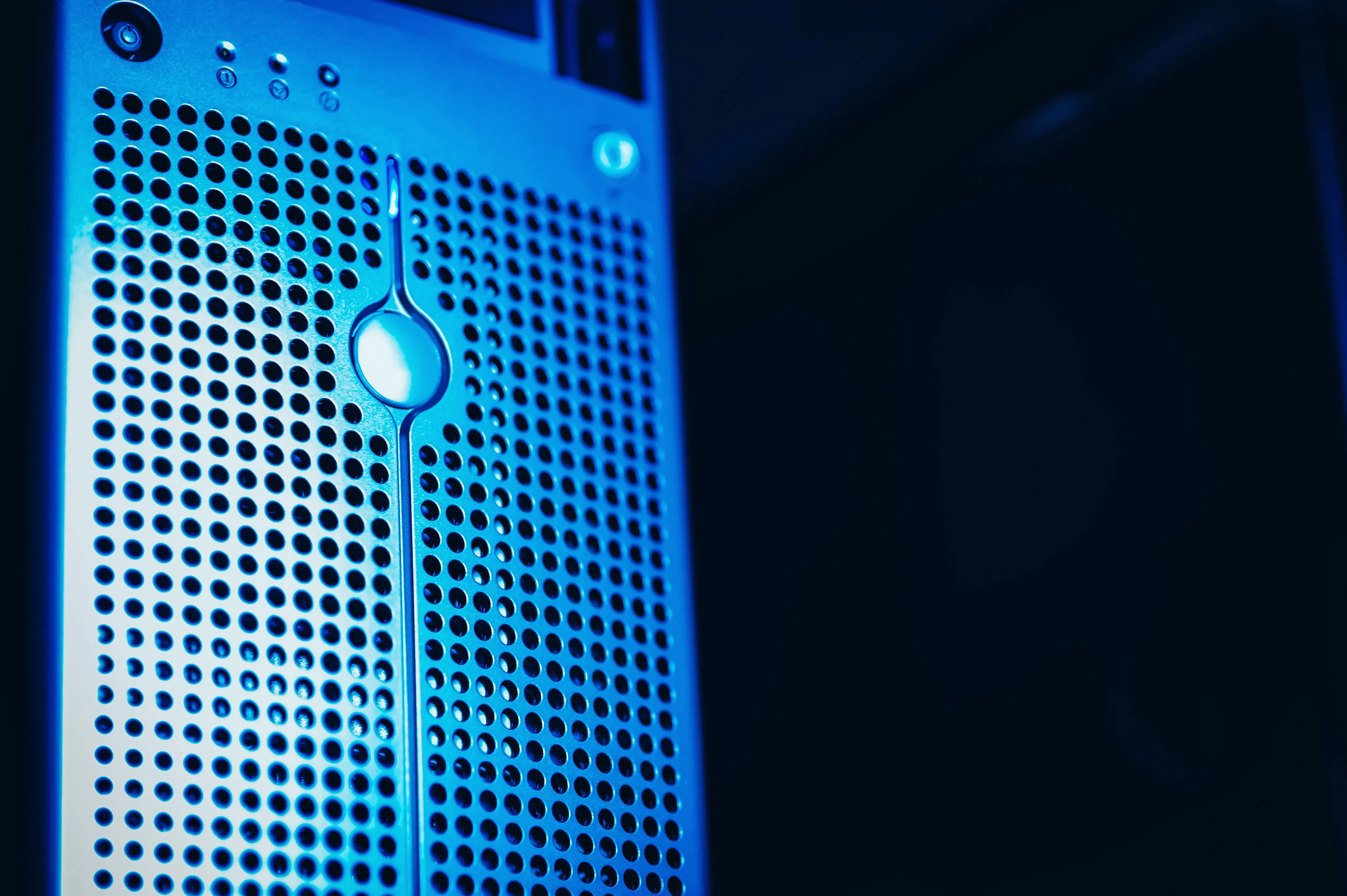 Blue-lit server rack in a secure data center
