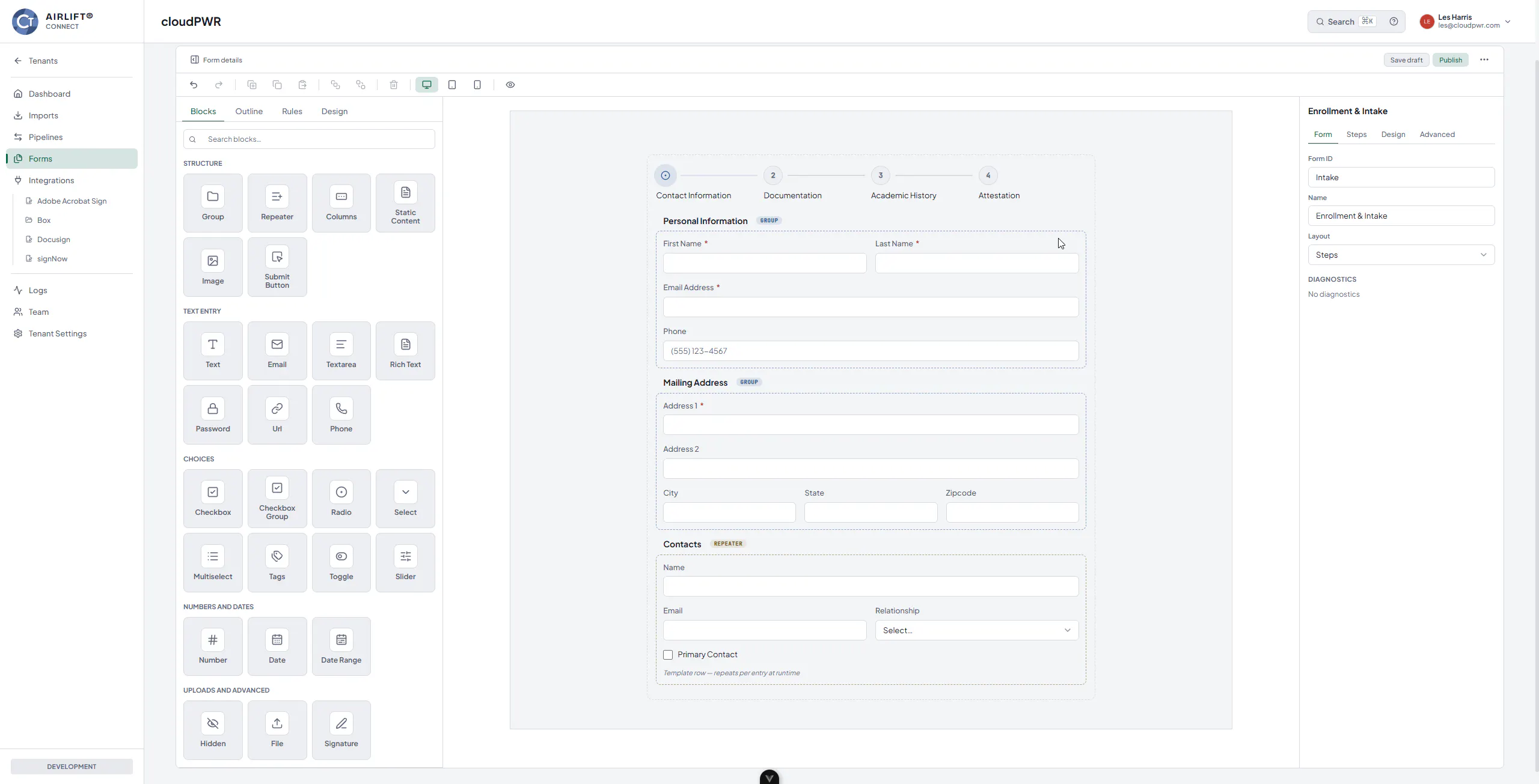 The AIRLIFT Forms visual builder showing a multi-step Enrollment and Intake form with grouped fields and a repeatable contacts section.