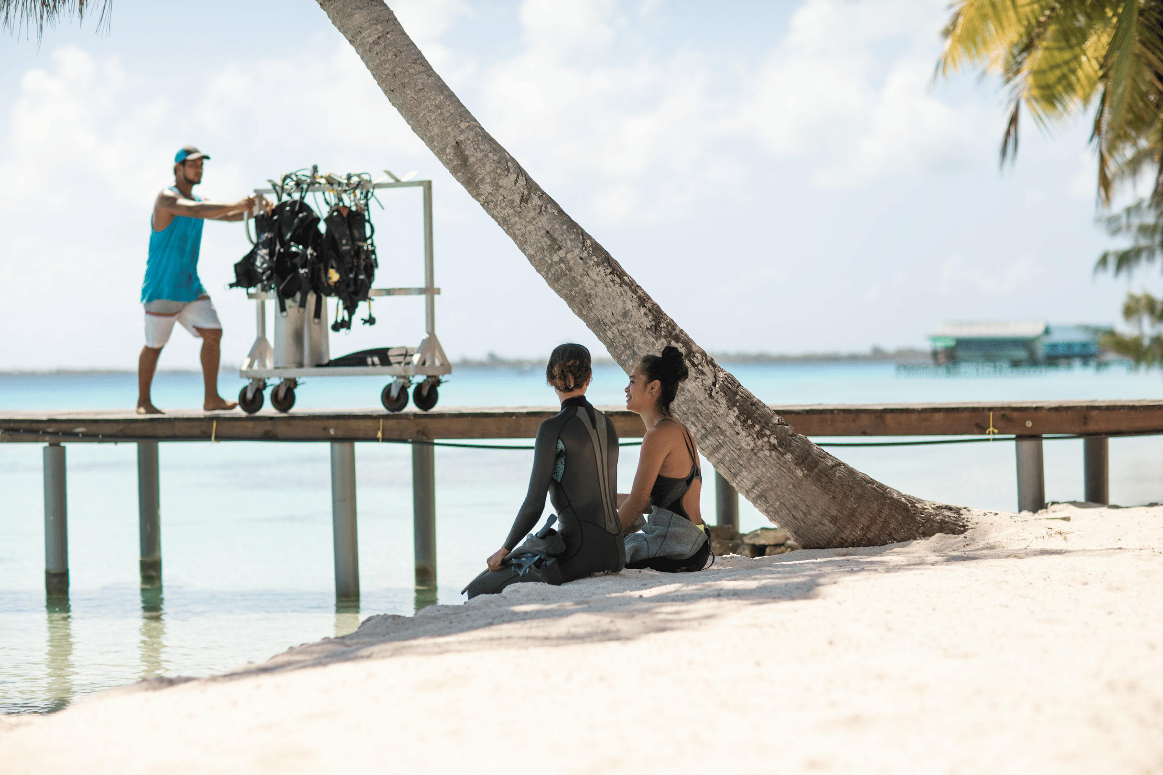 Deux plongeuses en combinaison néoprène s’installent sur une plage de sable blanc sous l’ombre d’un cocotier incliné. À quelques mètres, un instructeur transporte du matériel de plongée le long d’un ponton en bois surplombant les eaux cristallines du lagon.