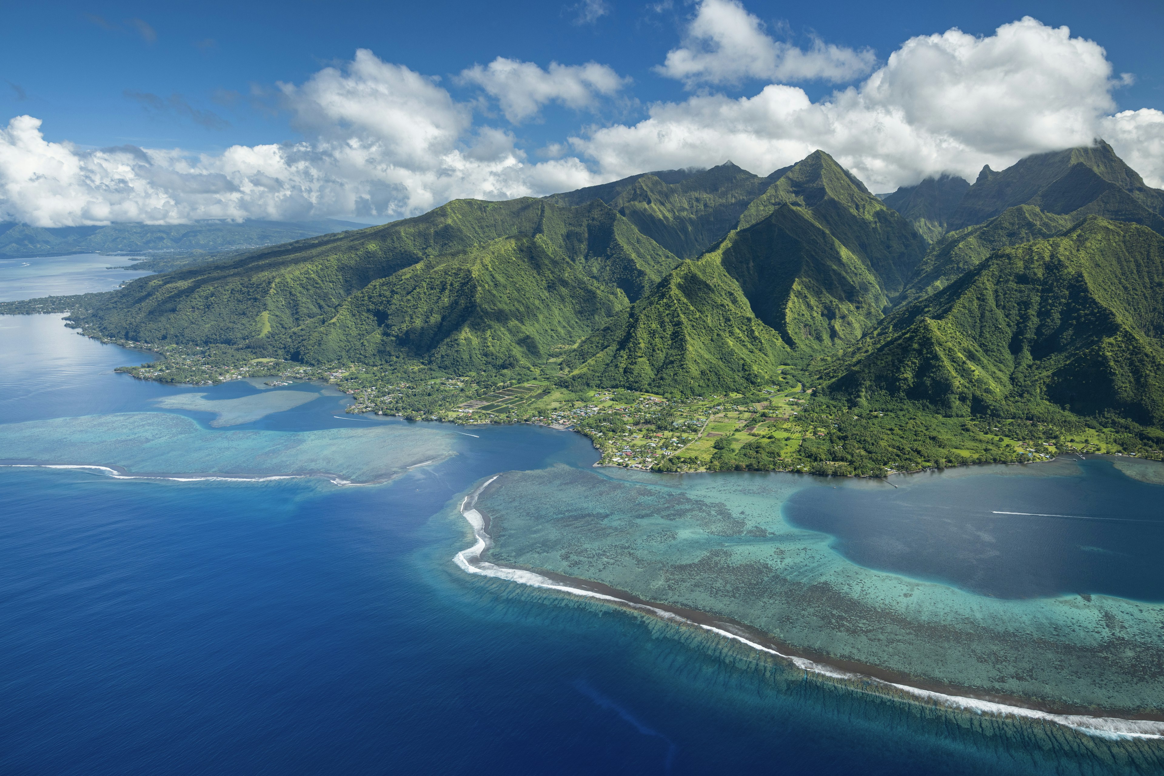 Tahiti island view from the sky with lagoon and mountain