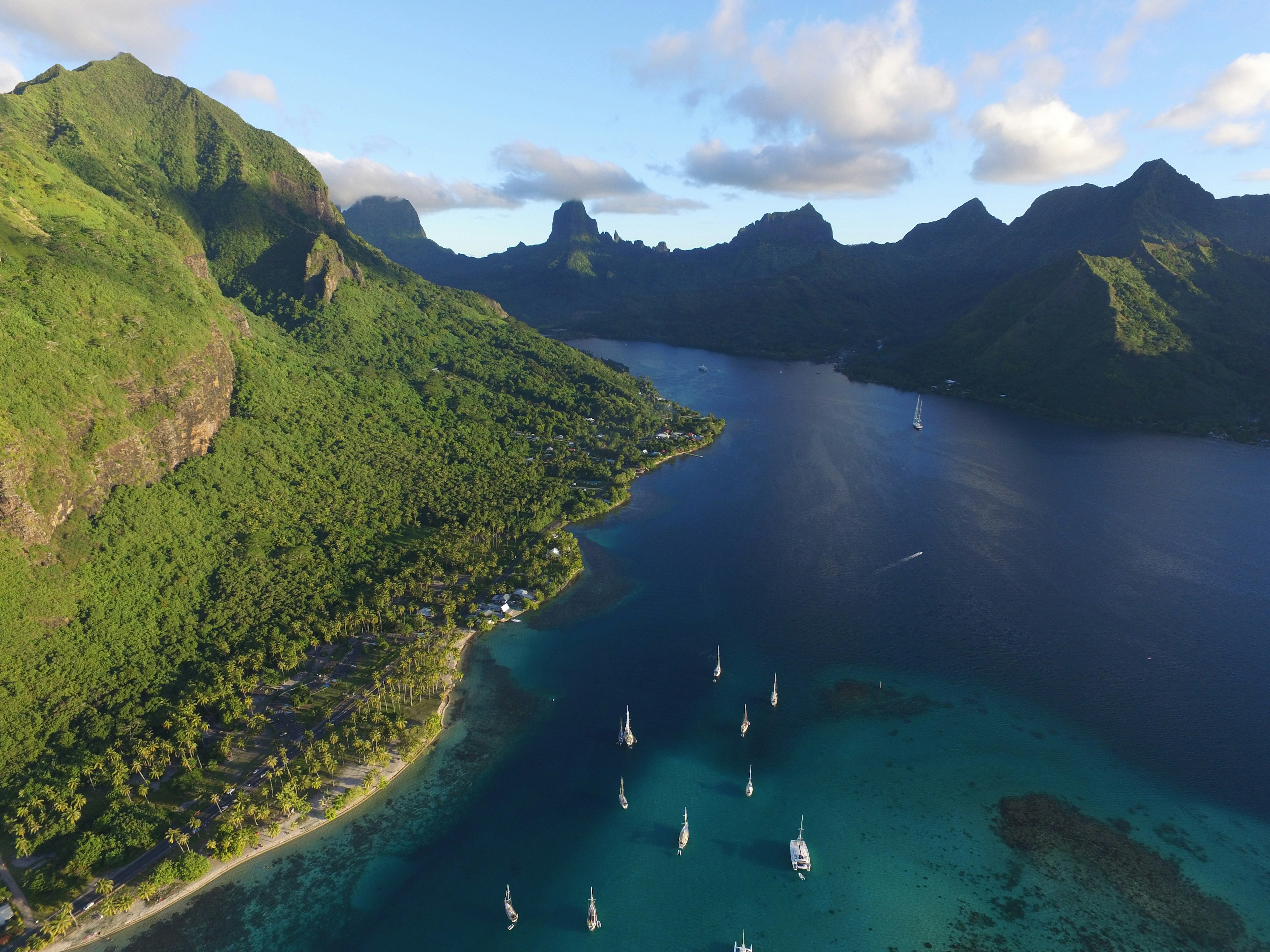 Moorea island view from the sky with bay and mountain