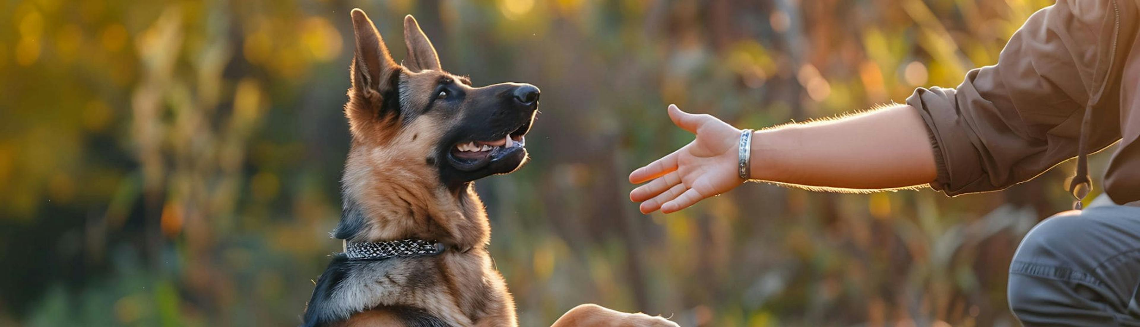 A man is training a German Shepherd dog to shake its paw. The dog is sitting on the ground and looking up at the man attentively, raising one paw to place it in the man's outstretched hand. The scene takes place outdoors with a blurred natural background.