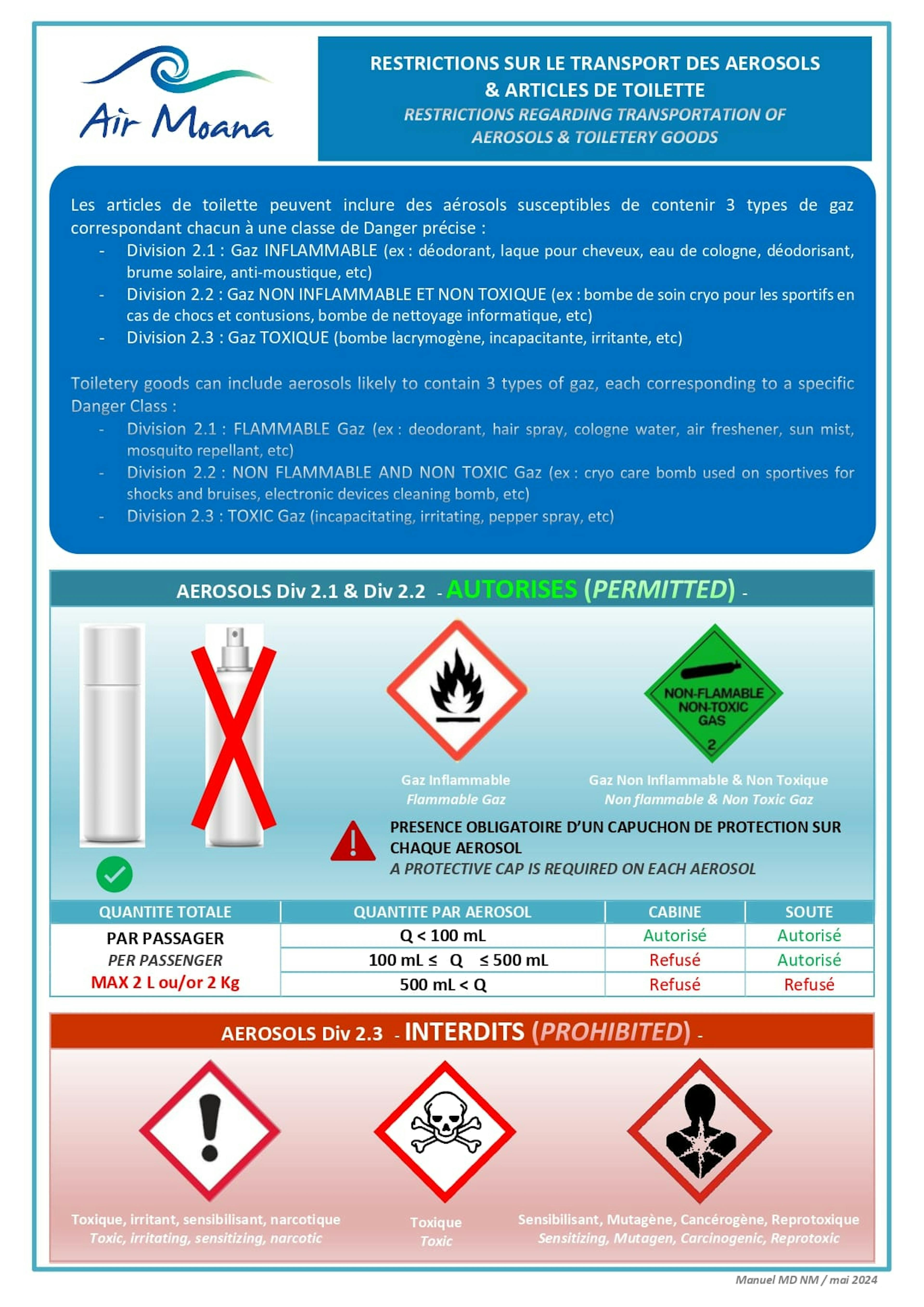 Air Moana poster informing passengers about the transportation of dangerous goods.