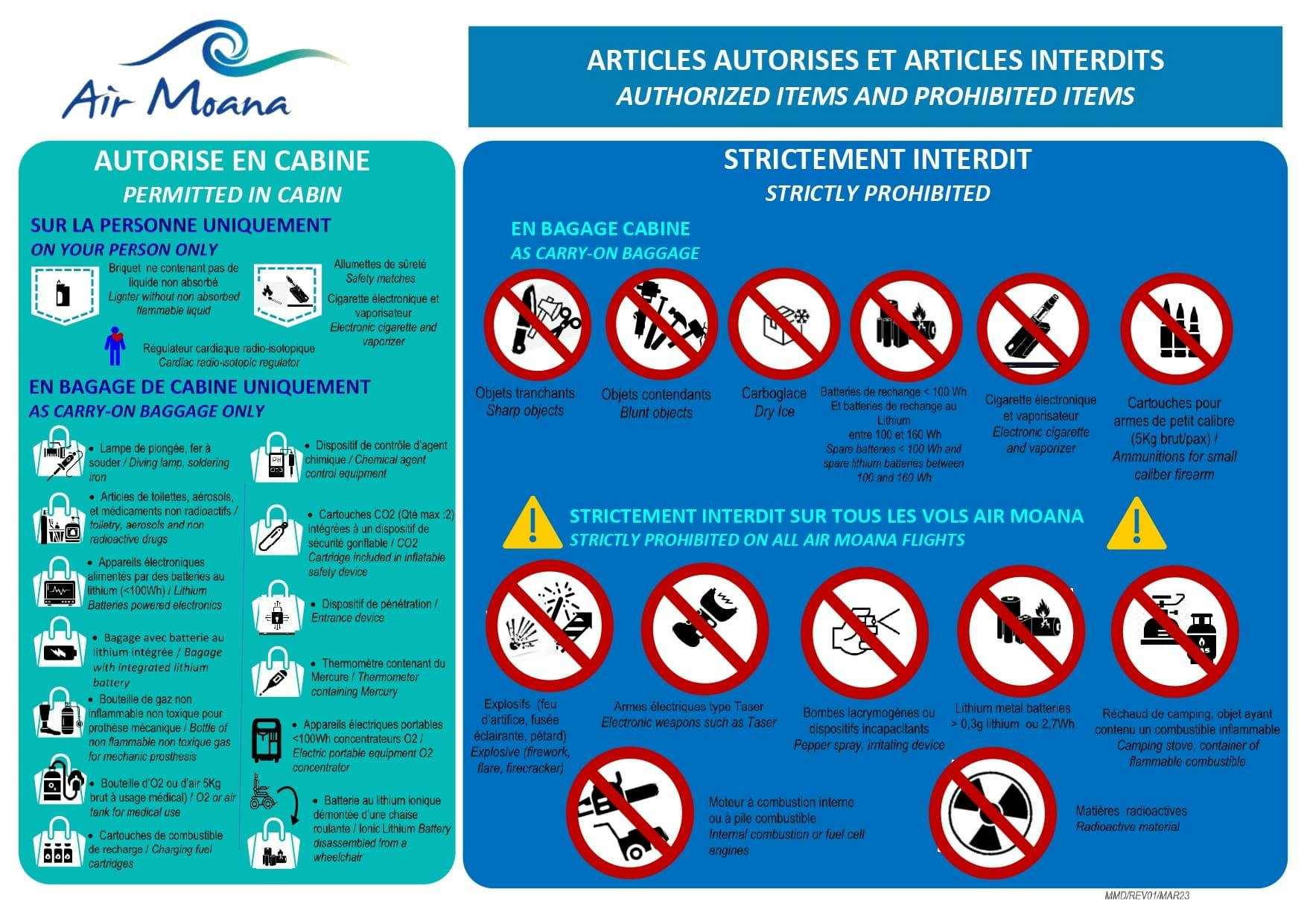 Affiche d'Air Moana présentant les articles autorisés et interdits en cabine.