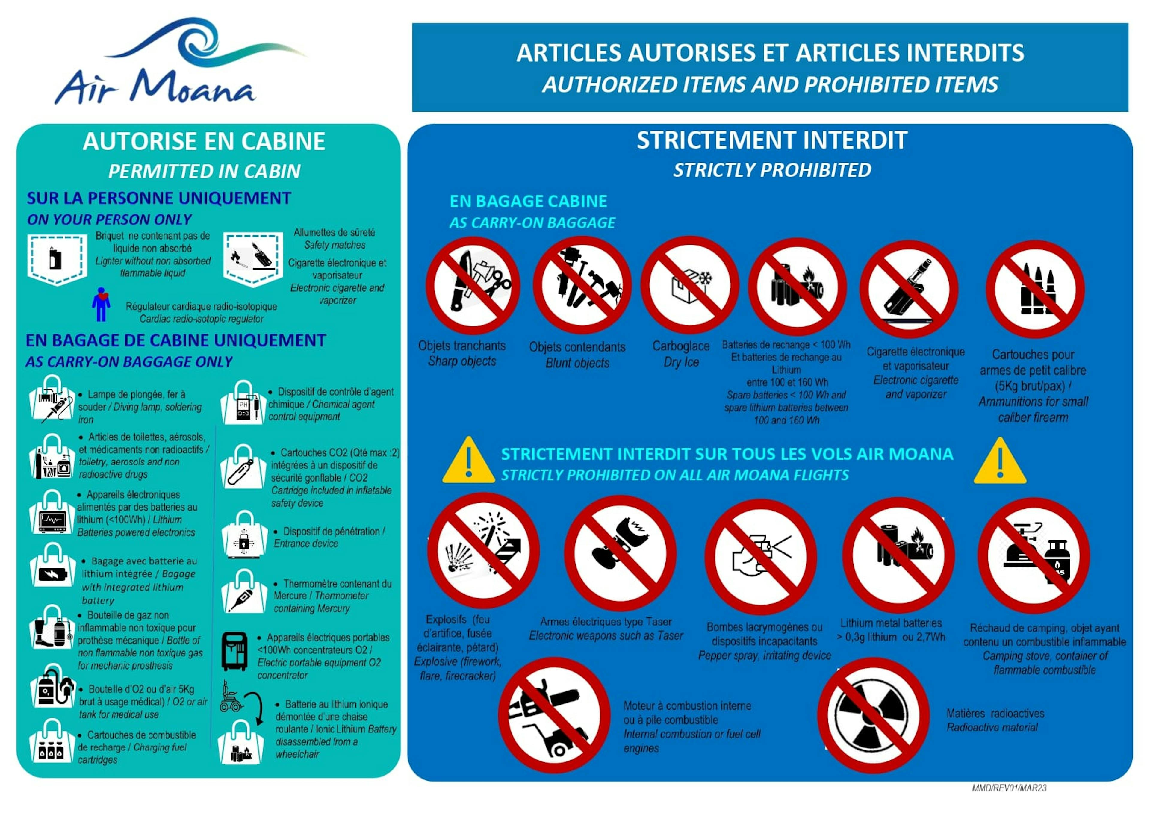 Affiche d'Air Moana informant les passagers sur le transport de marchandises dangereuses.