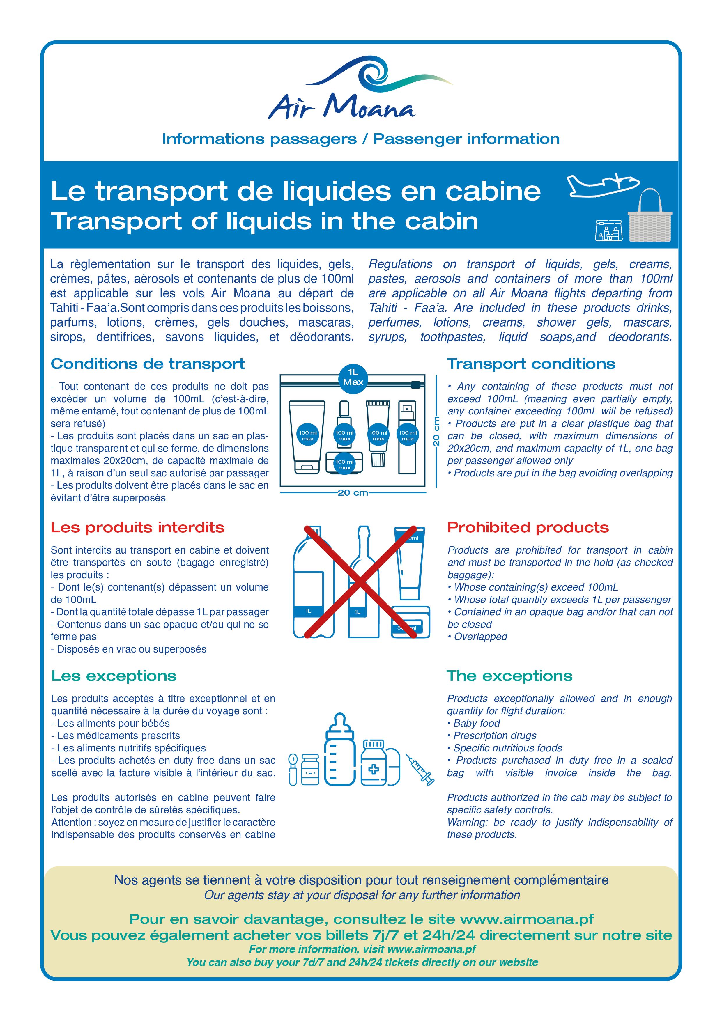 Affiche d'Air Moana détaillant les restrictions du liquide en cabine.