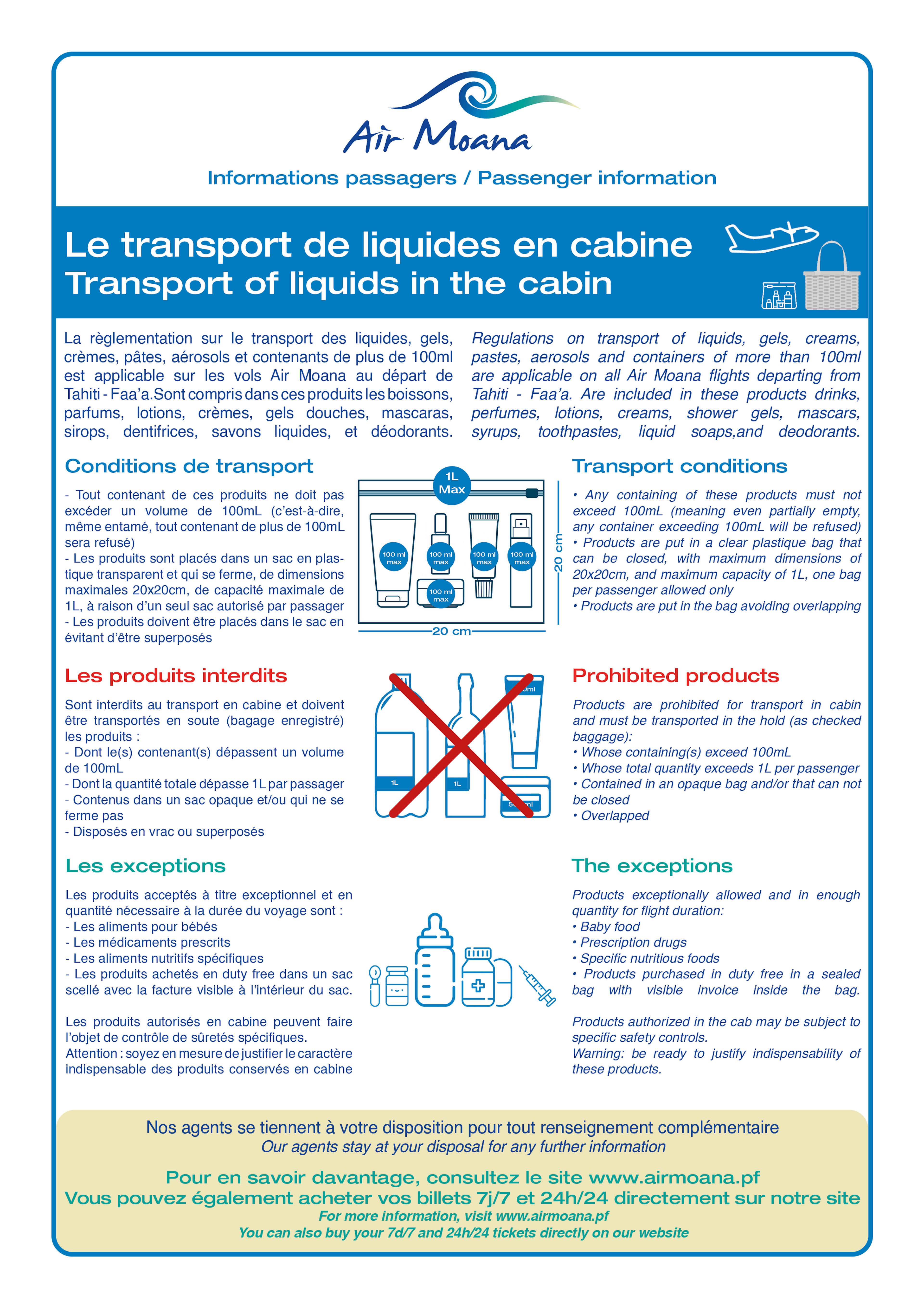 Air Moana poster detailing cabin liquid restrictions.