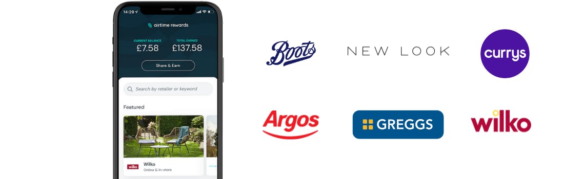 Airtime Rewards retailers including Boots, New Look, Currys, Argos, Greggs and Wilko