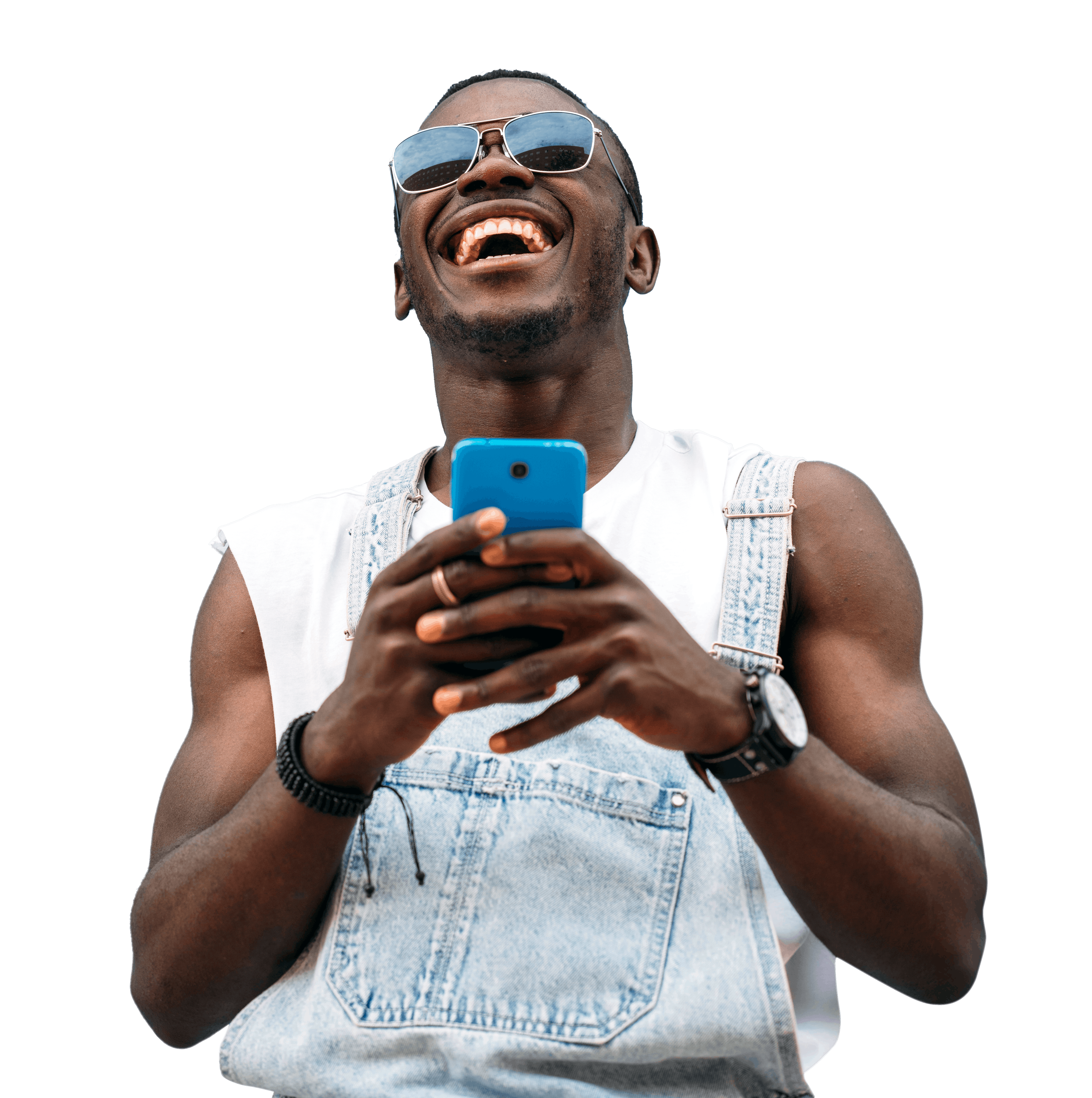 Happy person using mobile phone