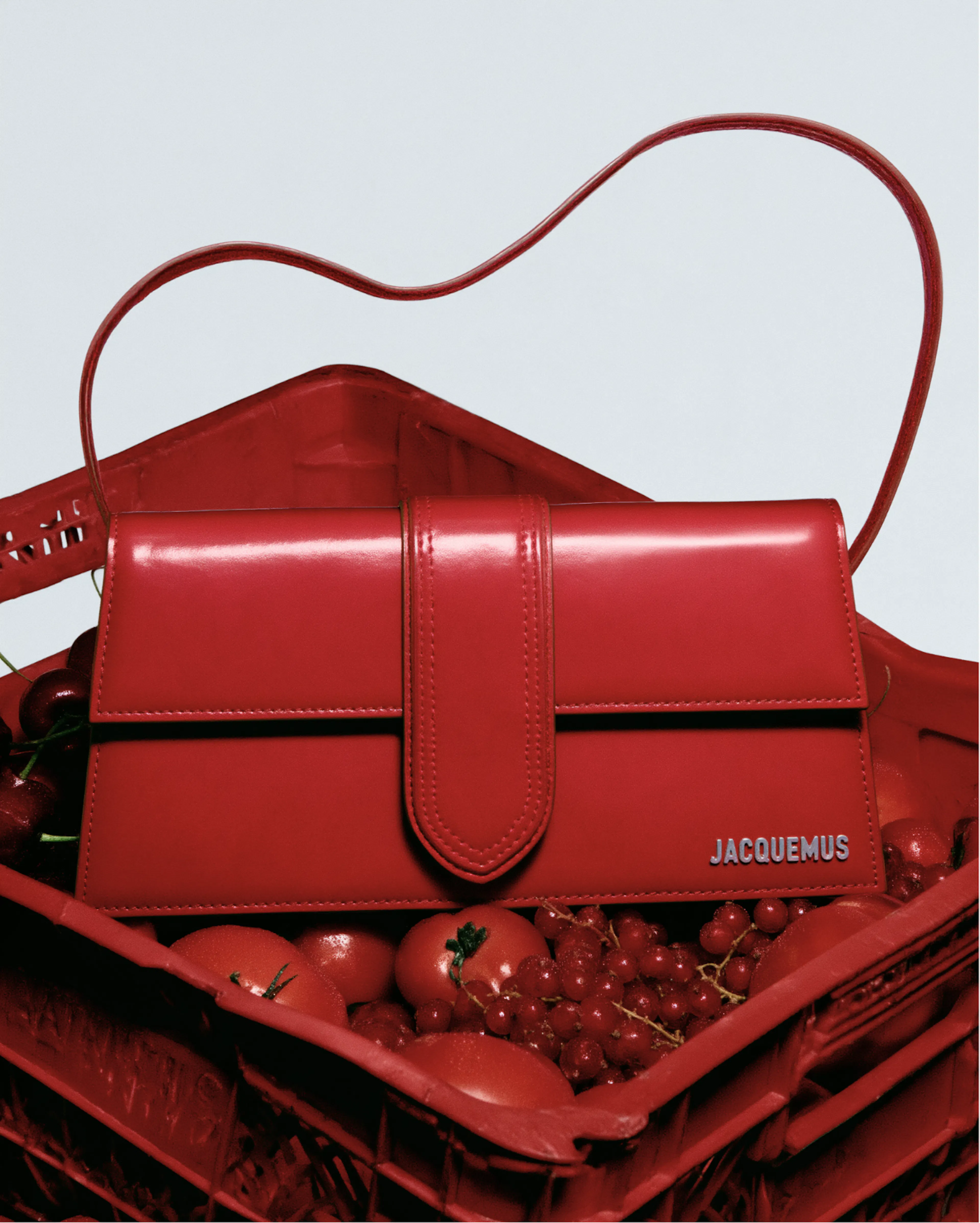 sac Jacquemus rouge dans palette de fruits rouges 