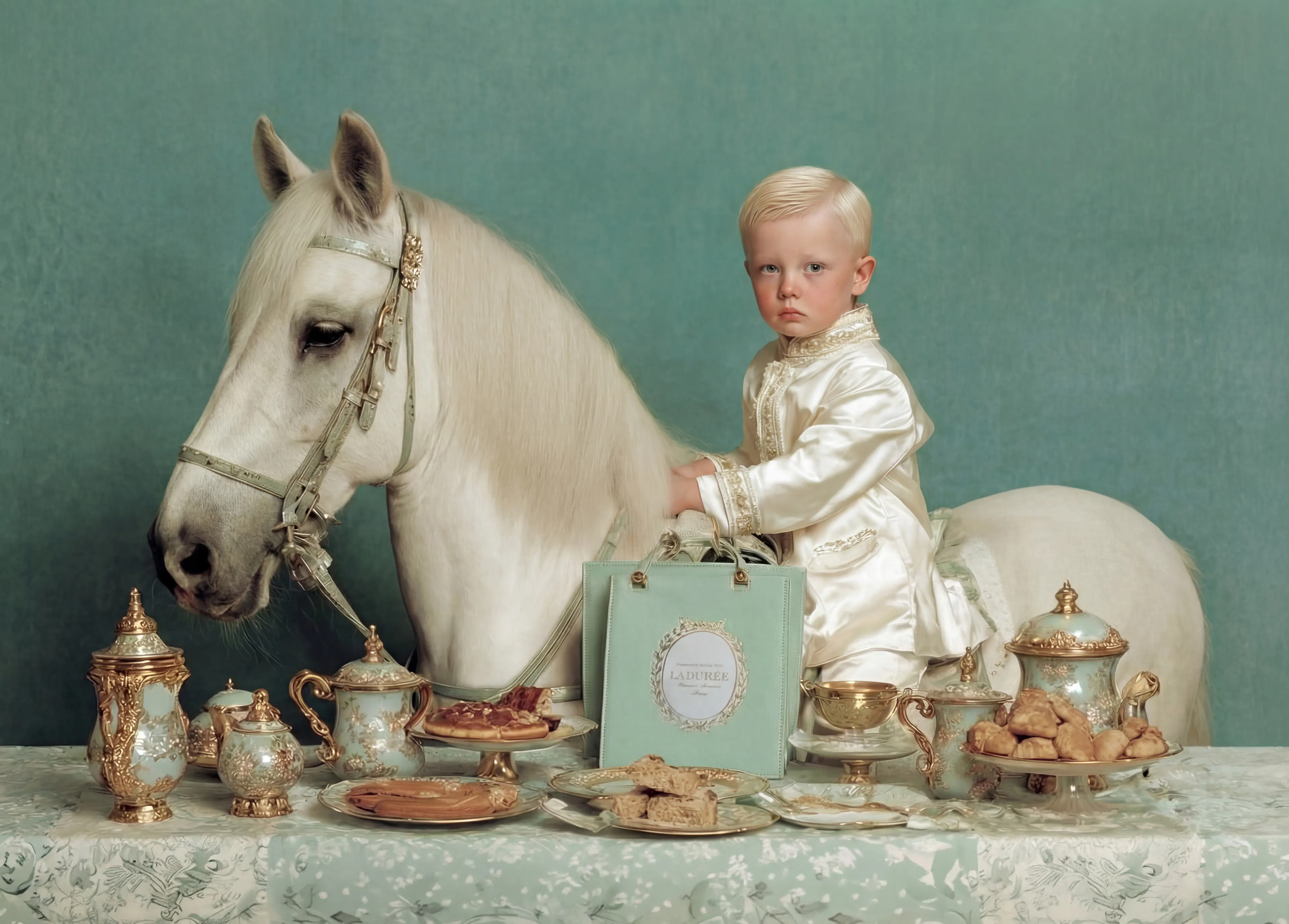 petit garcon blond sur cheval blanc derrière une table avec des produits La Durée