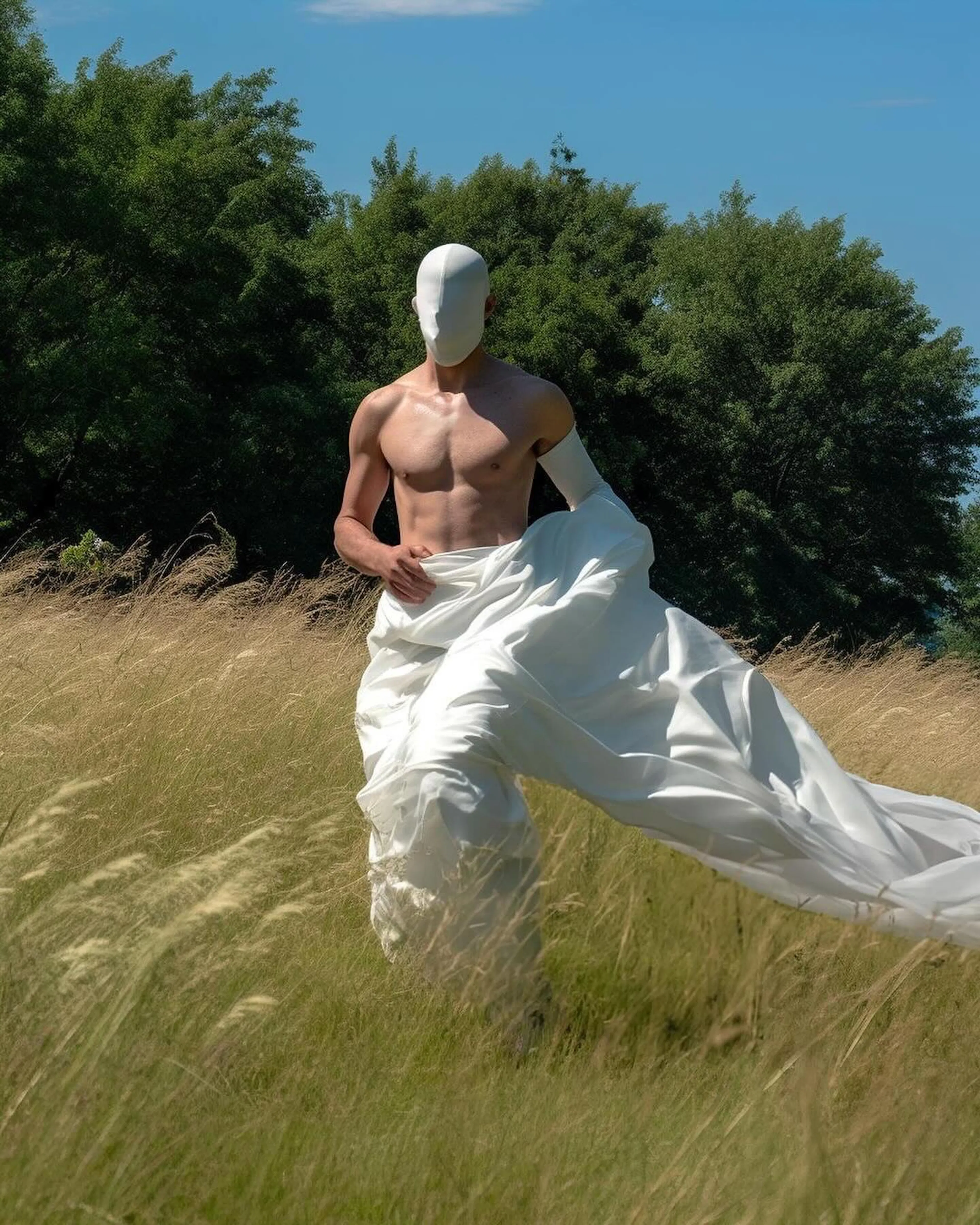 homme habillé en blanc torse nu dans un champ
