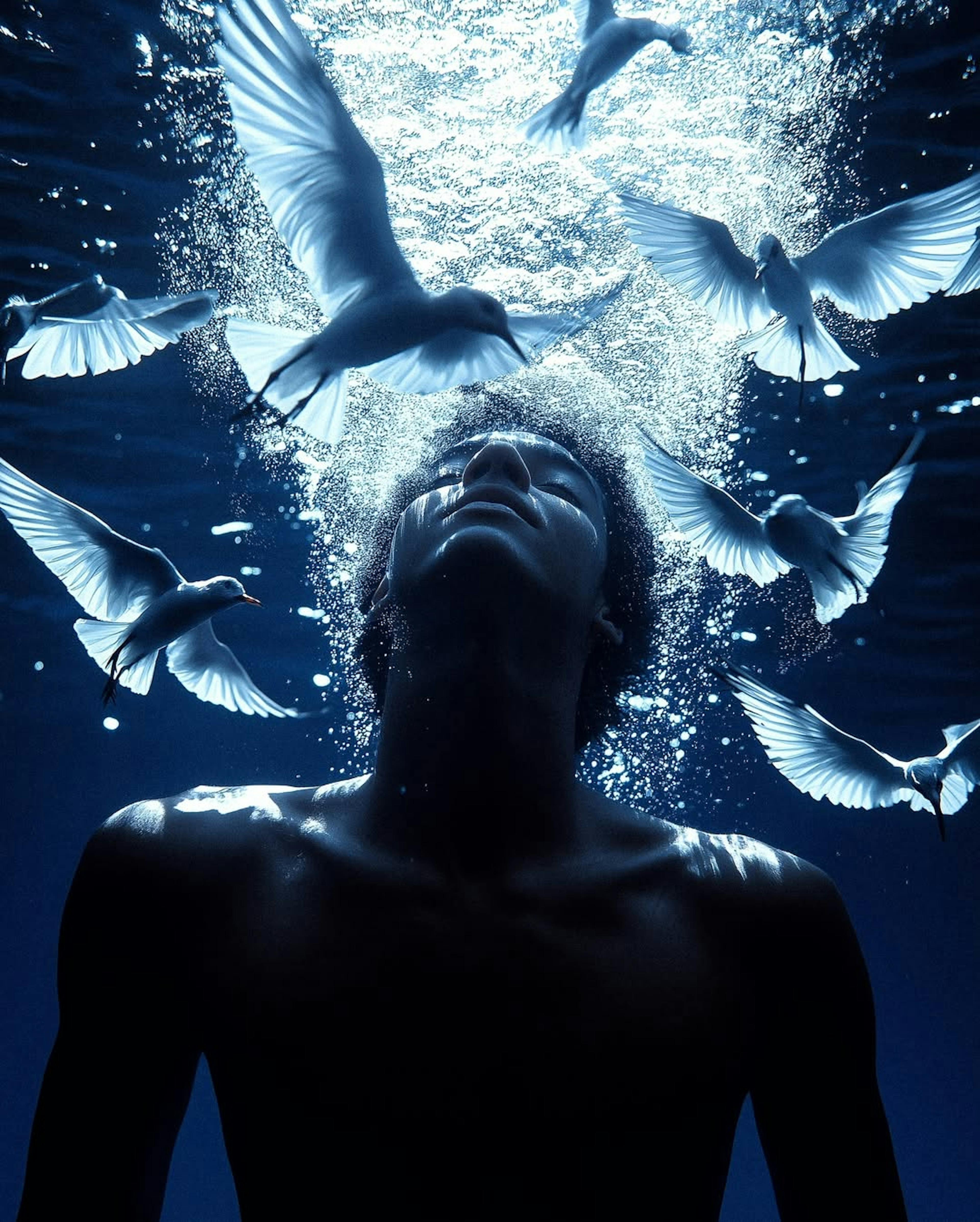 Man under water looking at the sky surrounding by birds