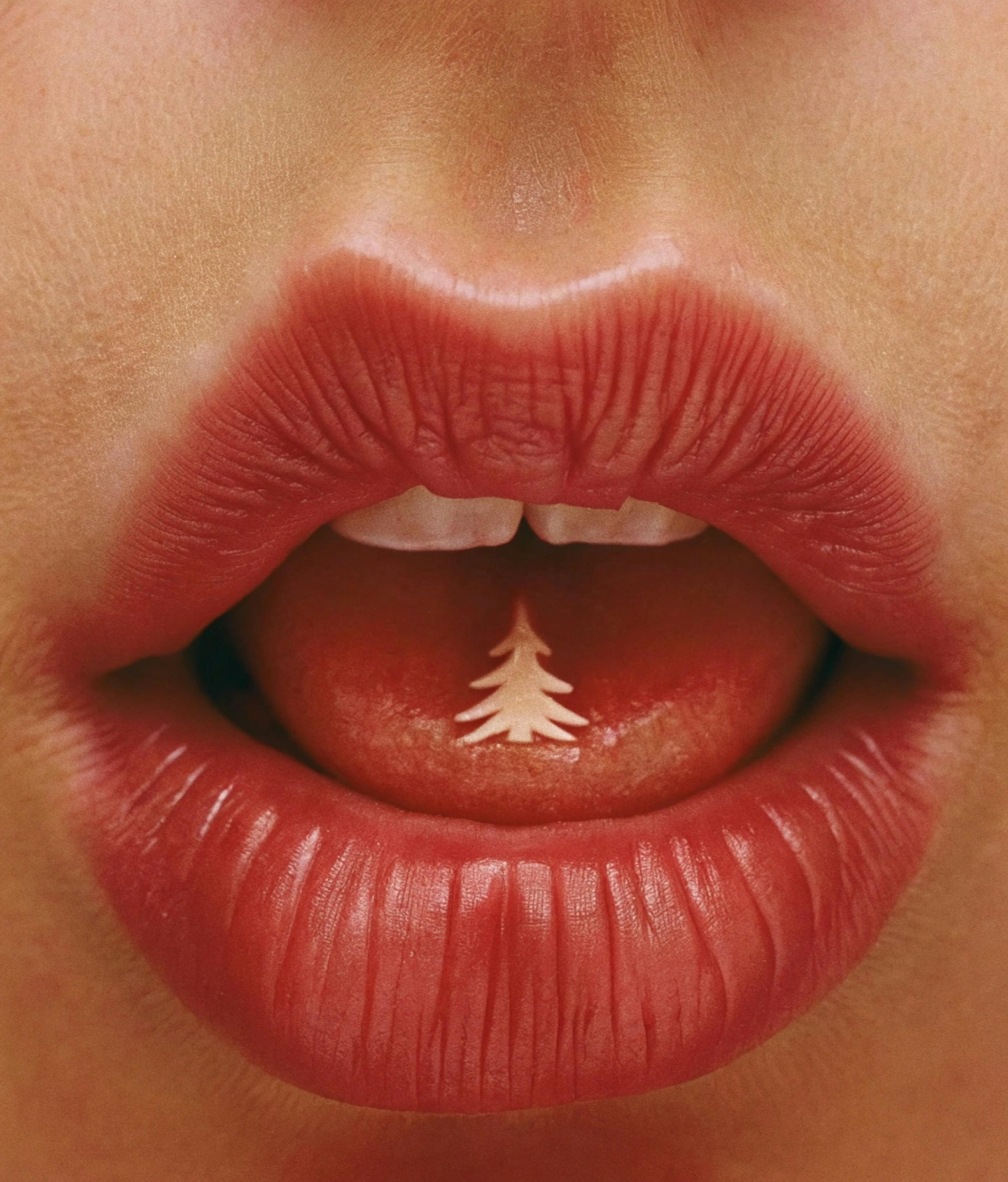close up of a mouth with a tiny pine tree