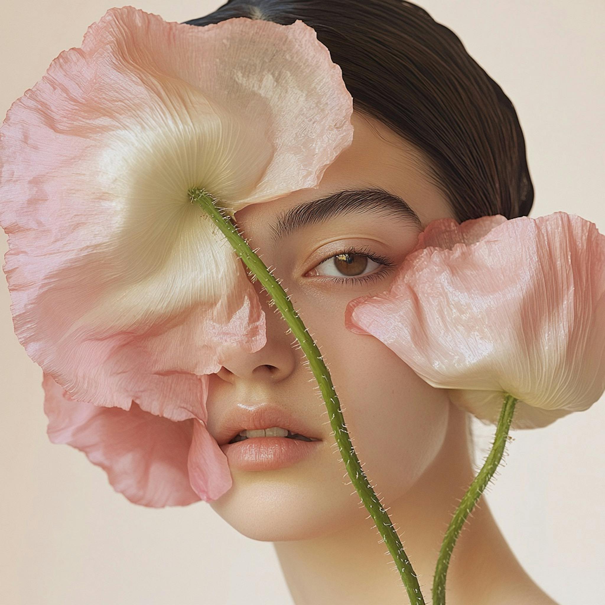 Portrait of a girl hiding her face with big pink flowers 