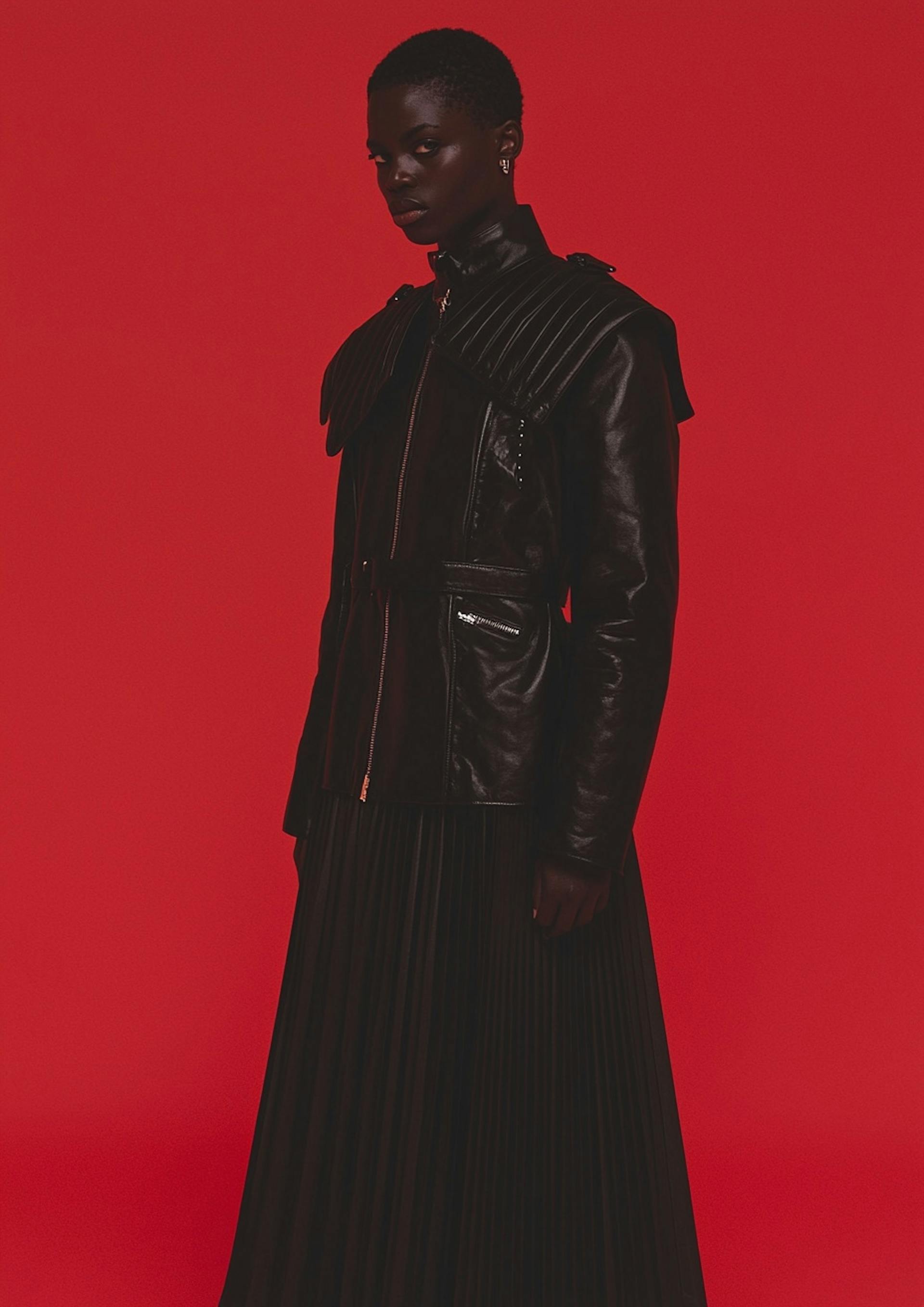 woman standing in front of red background