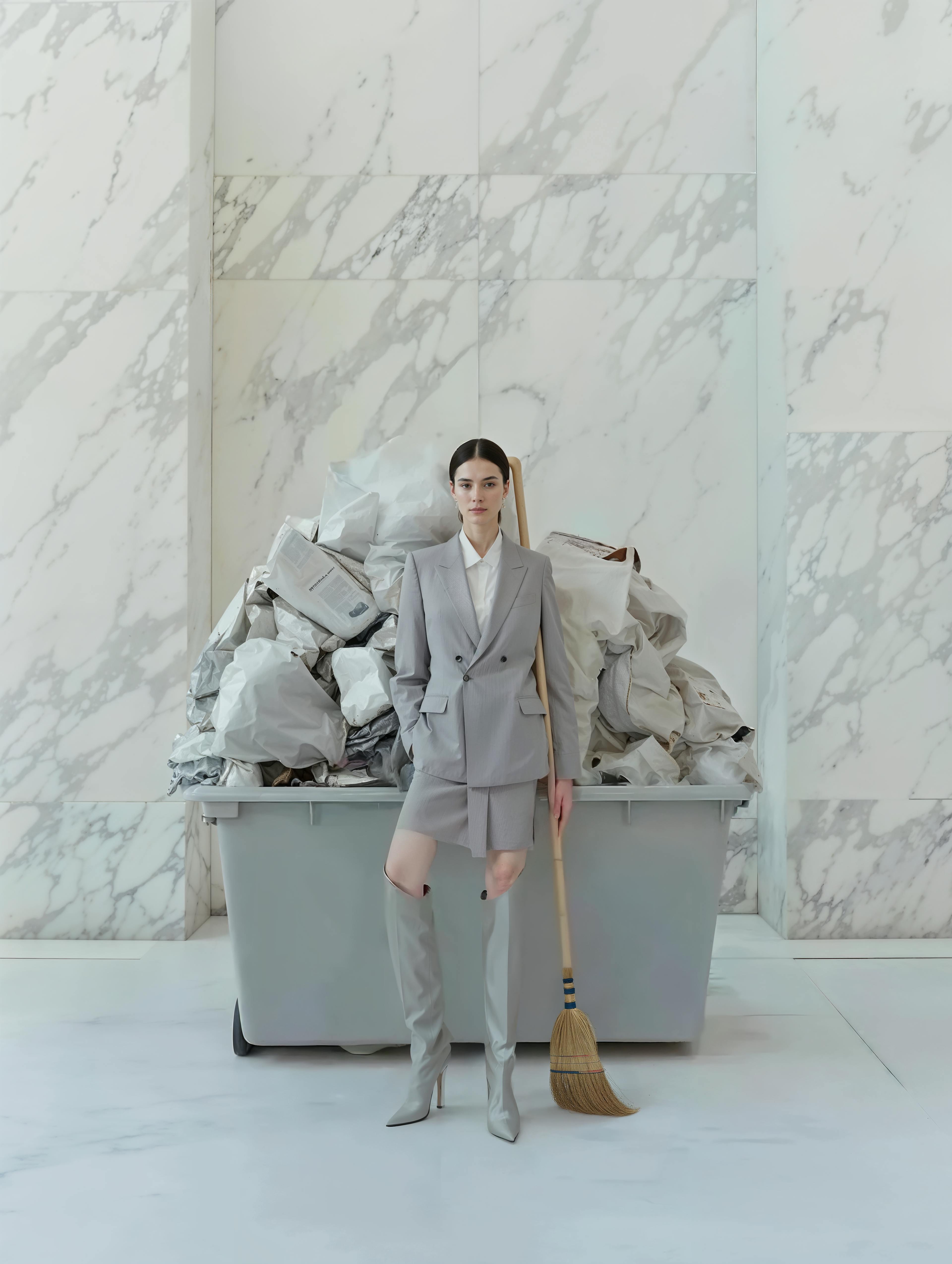 girl staying in front of grey bin
