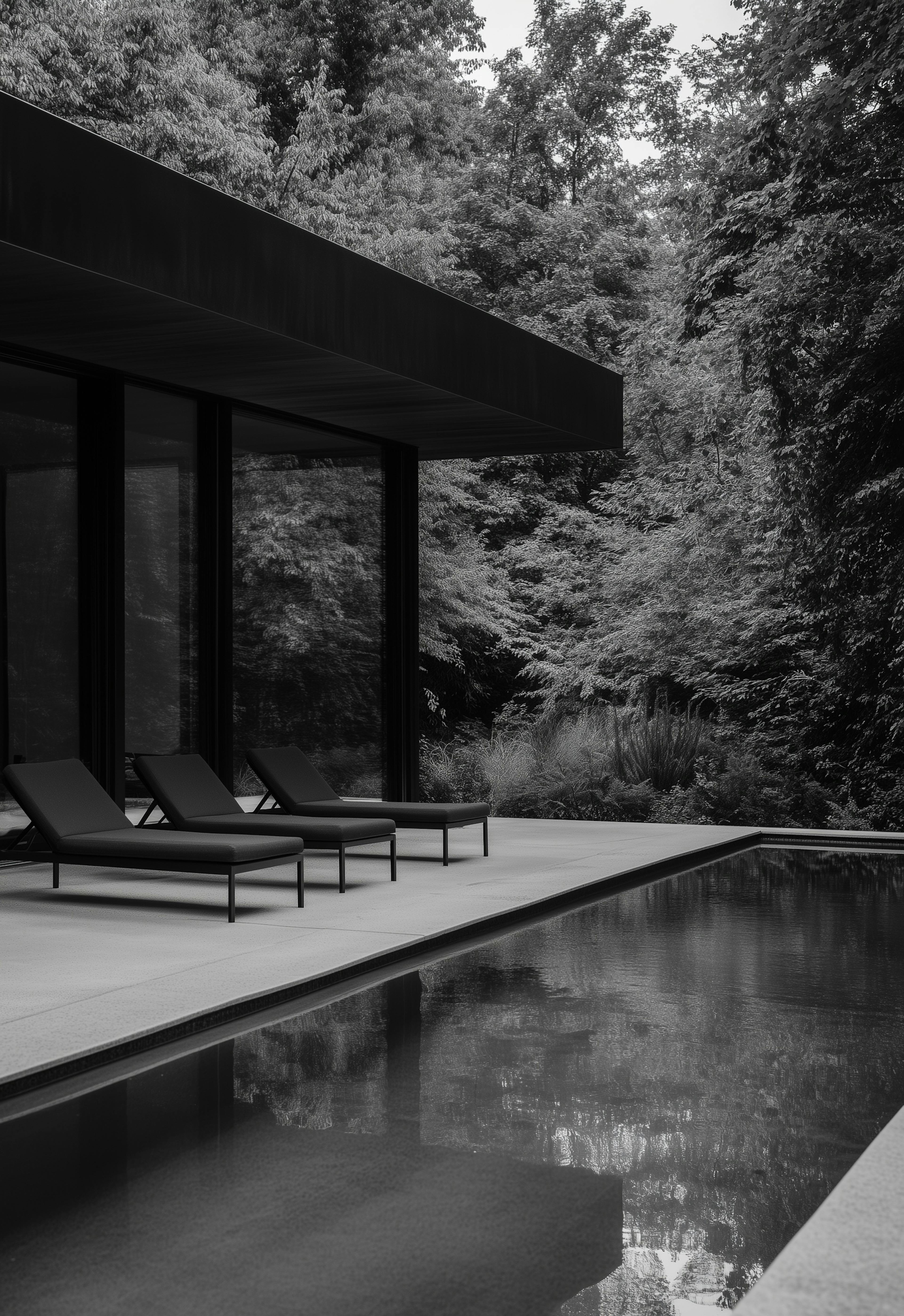 black and white picture of an outside mansion with a pool