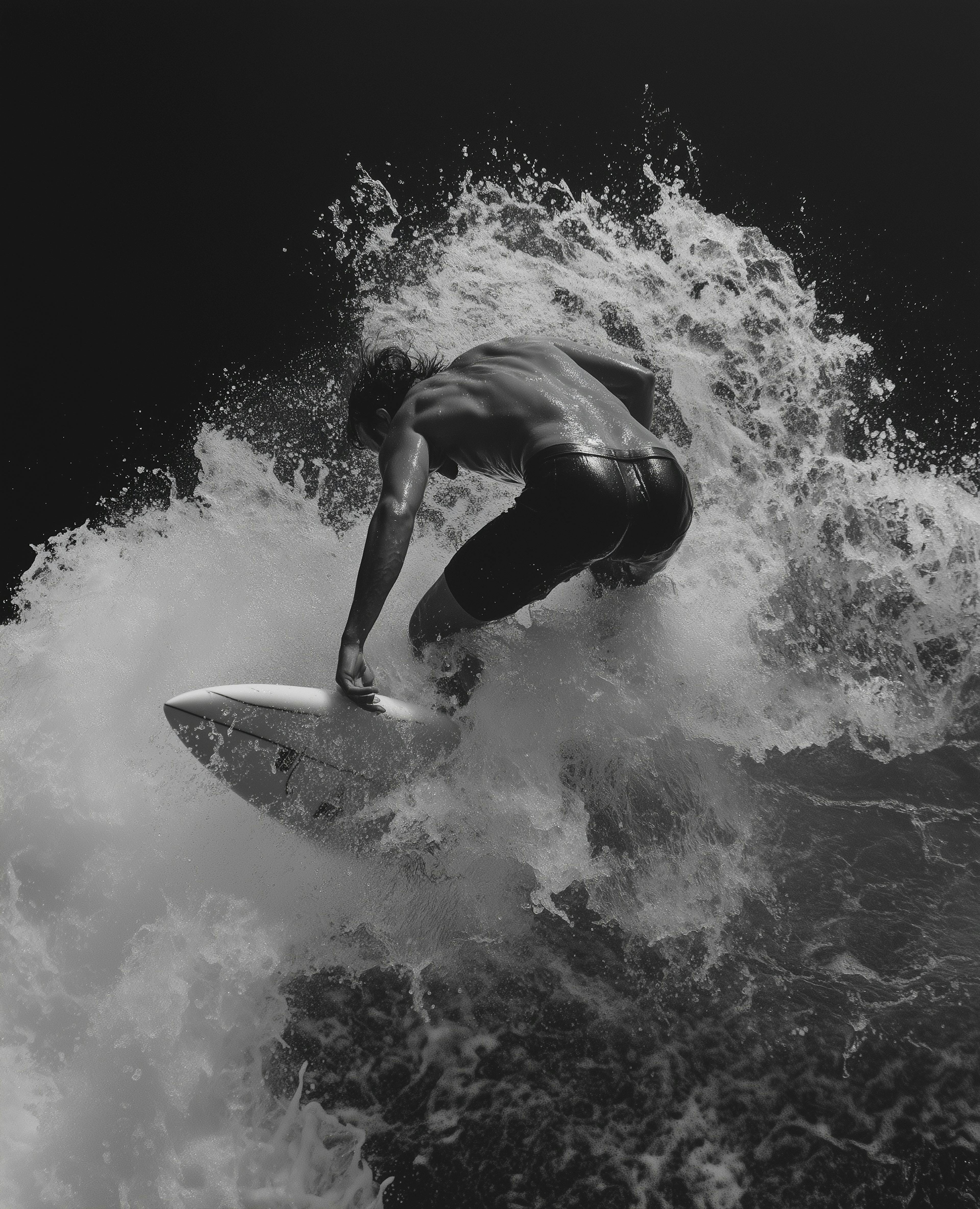black and white picture of a man surfing on a wave