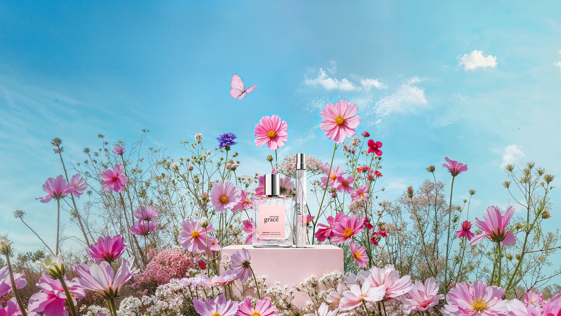packshots of perfume with pink flowers